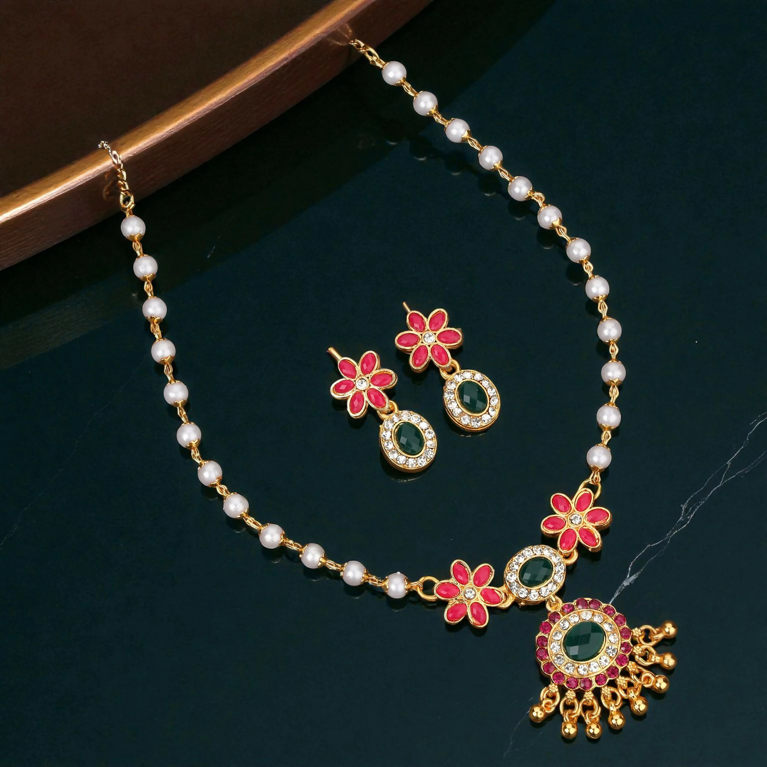 Traditional Gold-Tone Blue Enamel Butterfly Necklace with Pearl Drops - Image 3