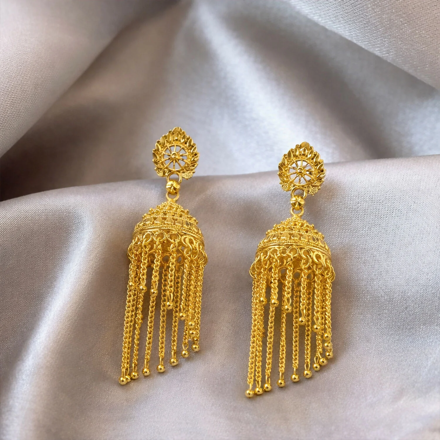 Traditional Gold Tone Chain Tassel Jhumka Earrings Long Ethnic Dangle Earrings for Women - Image 2