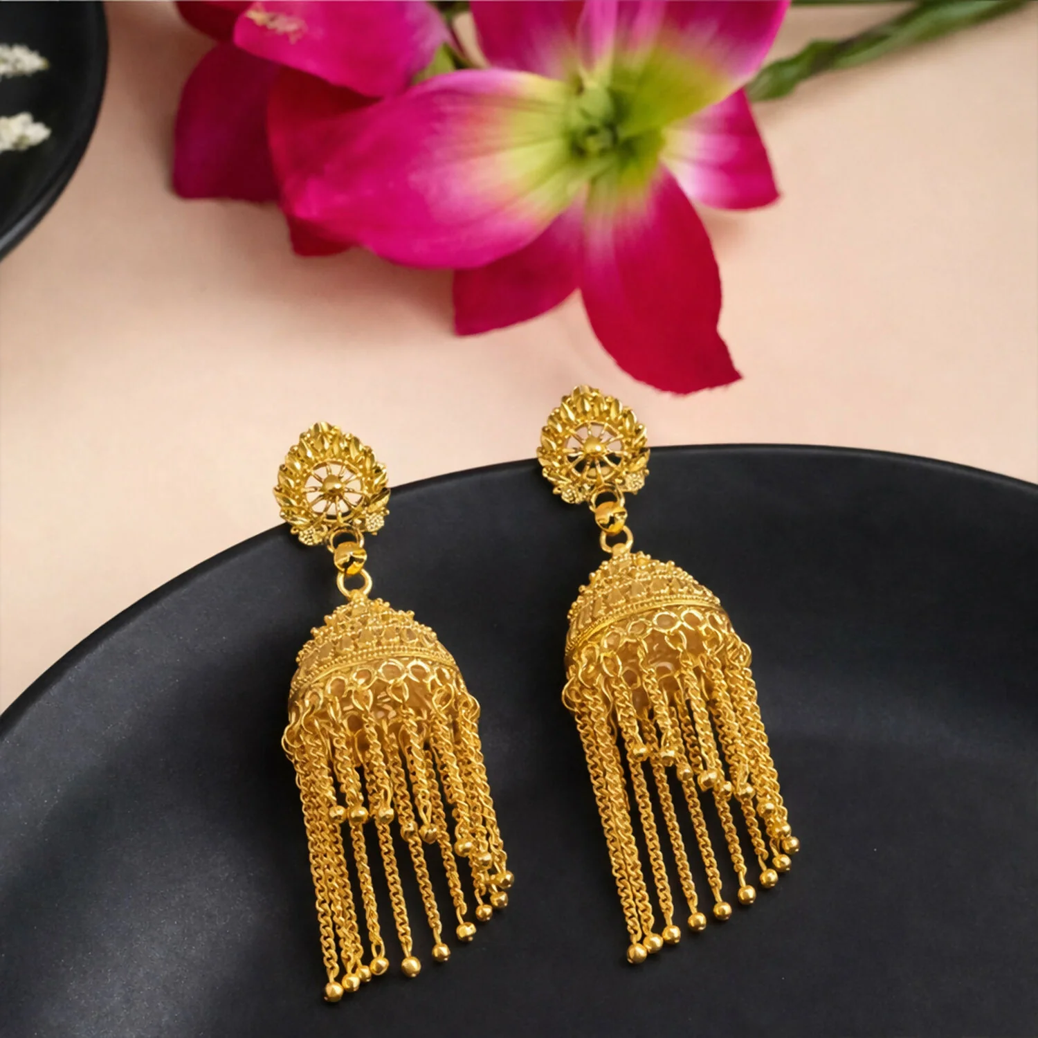 Traditional Gold Tone Chain Tassel Jhumka Earrings Long Ethnic Dangle Earrings for Women - Image 3