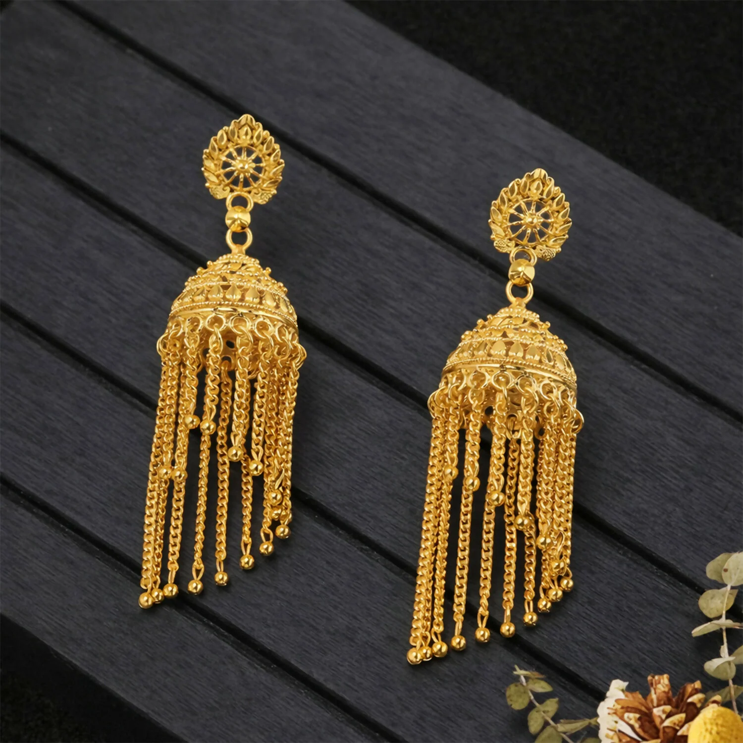 Traditional Gold Tone Chain Tassel Jhumka Earrings Long Ethnic Dangle Earrings for Women - Image 4