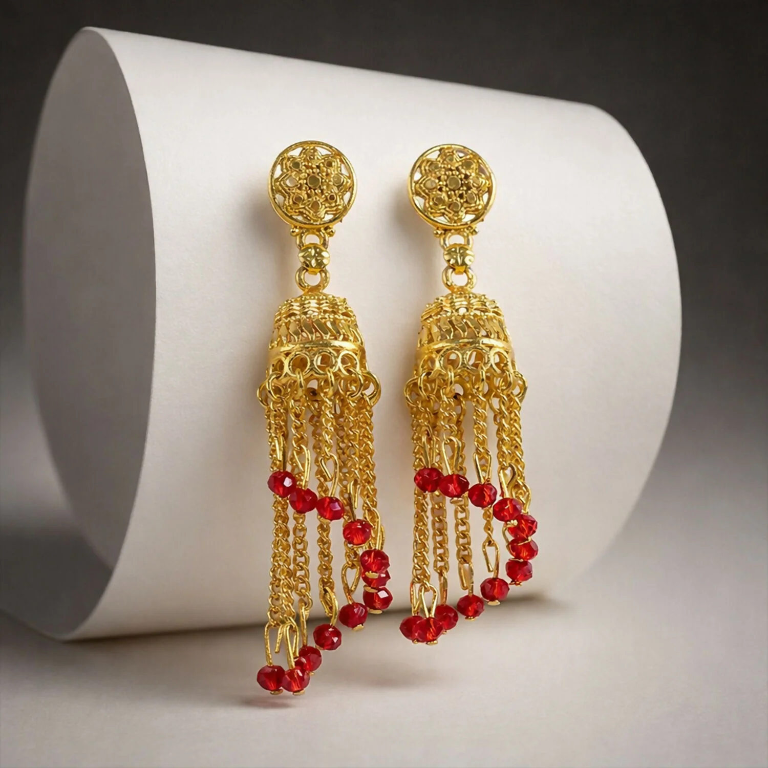Traditional Gold Tone Chain Tassel Jhumka Earrings with Red Beads Long Ethnic Dangle Earrings for Women - Image 2