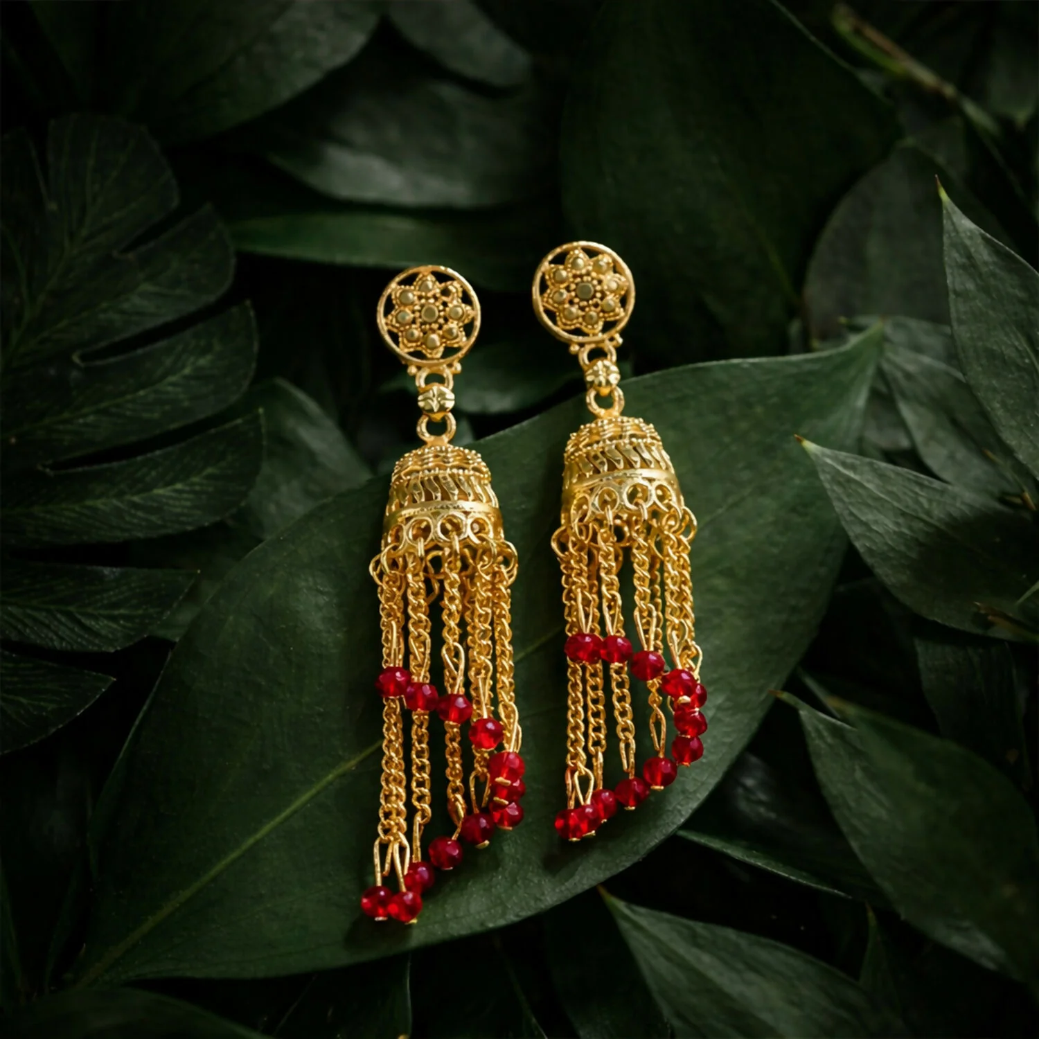 Traditional Gold Tone Chain Tassel Jhumka Earrings with Red Beads Long Ethnic Dangle Earrings for Women - Image 3