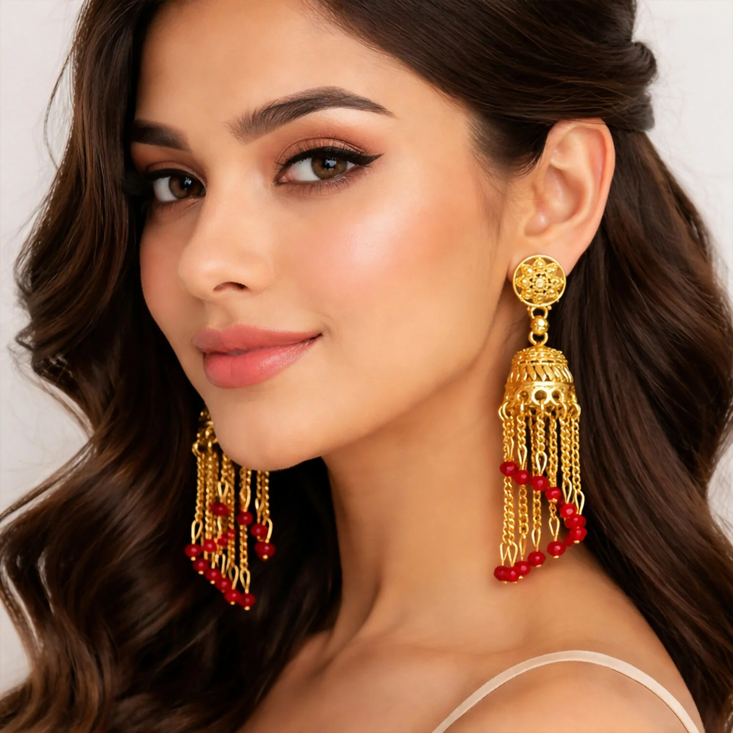 Traditional Gold Tone Chain Tassel Jhumka Earrings with Red Beads Long Ethnic Dangle Earrings for Women - Image 4