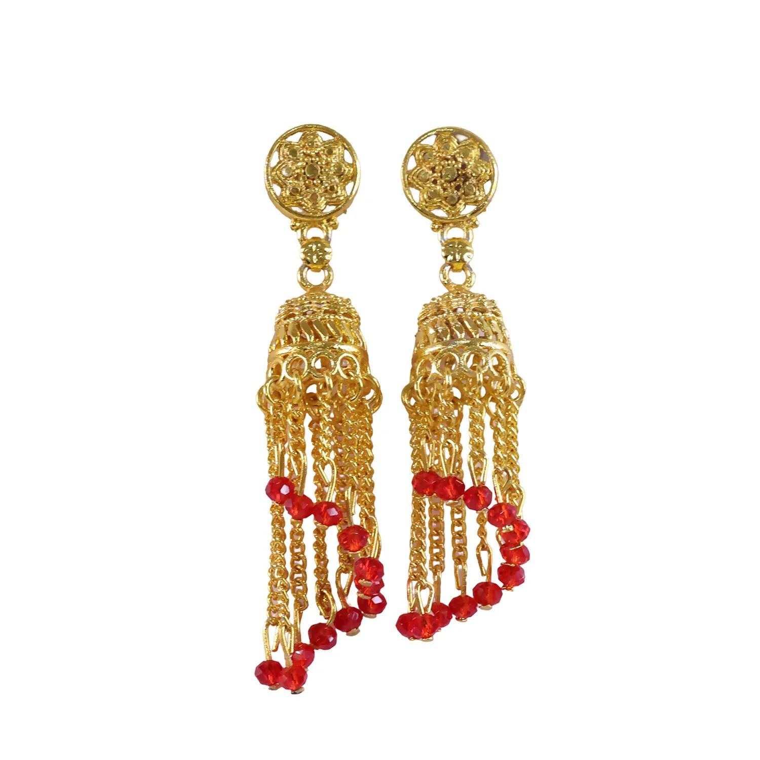 Traditional Gold Tone Chain Tassel Jhumka Earrings with Red Beads Long Ethnic Dangle Earrings for Women - Image 5