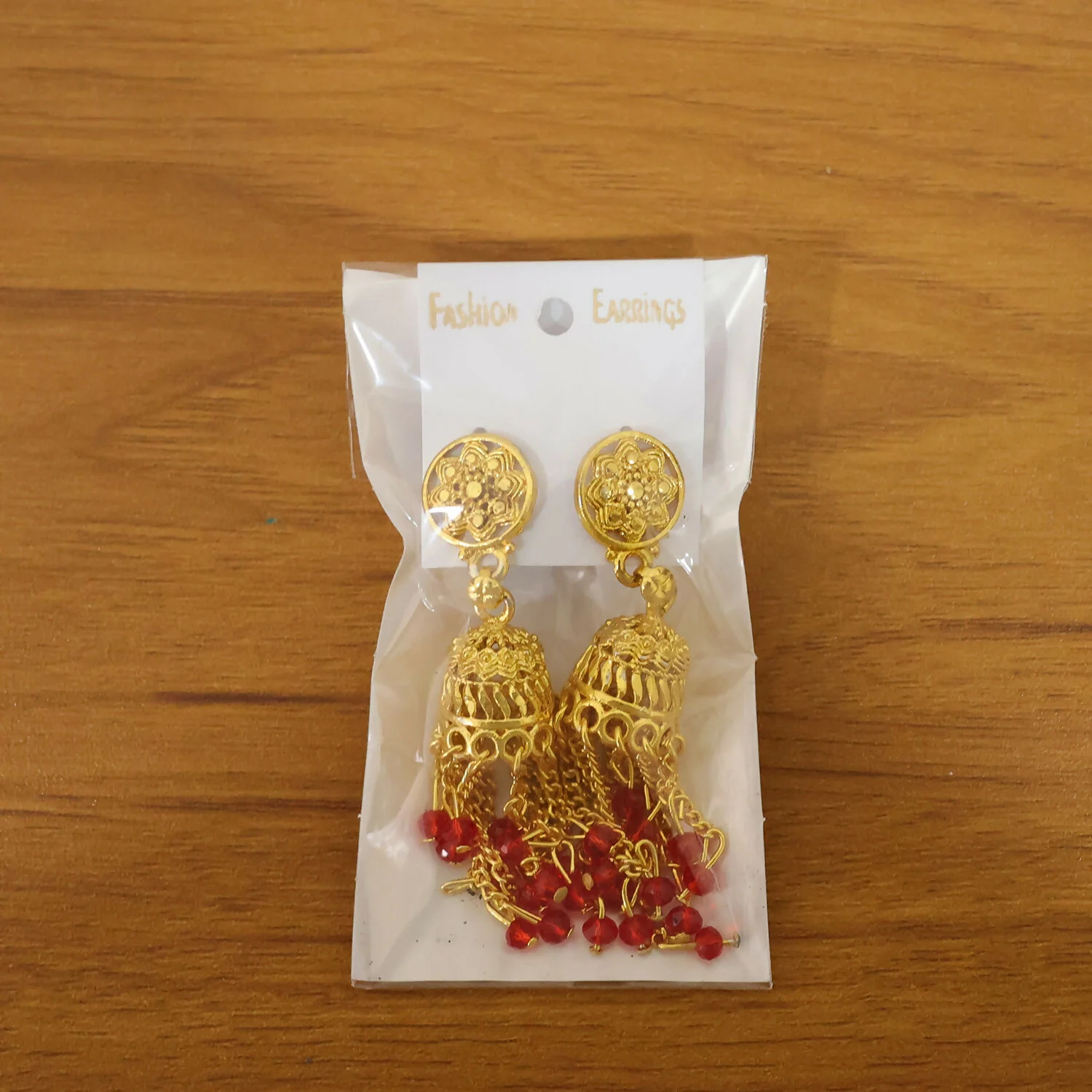 Traditional Gold Tone Chain Tassel Jhumka Earrings with Red Beads Long Ethnic Dangle Earrings for Women - Image 6