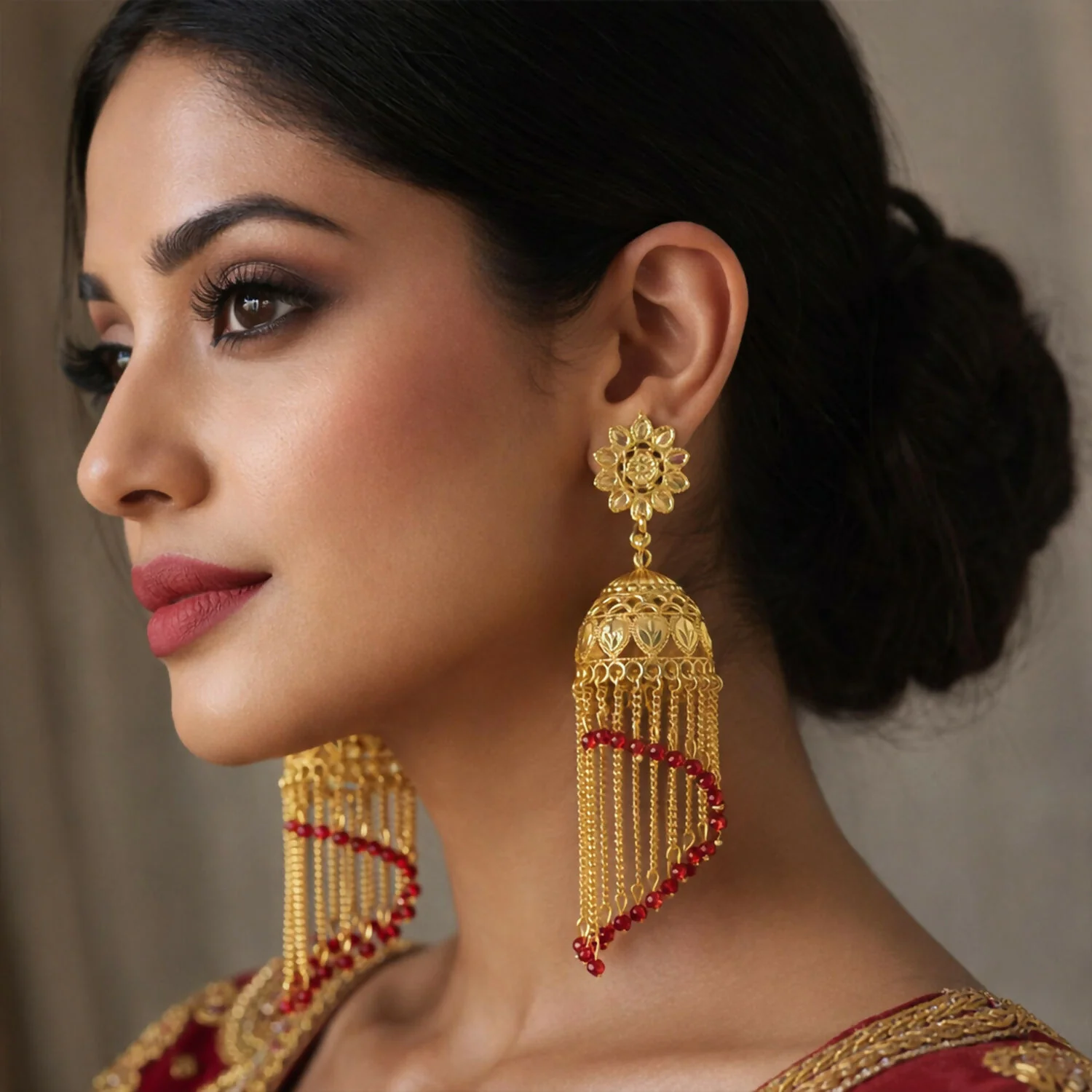 Traditional Gold Tone Double Jhumka Drop Earrings Floral Stud Ethnic Dangle Earrings for Women - Image 2