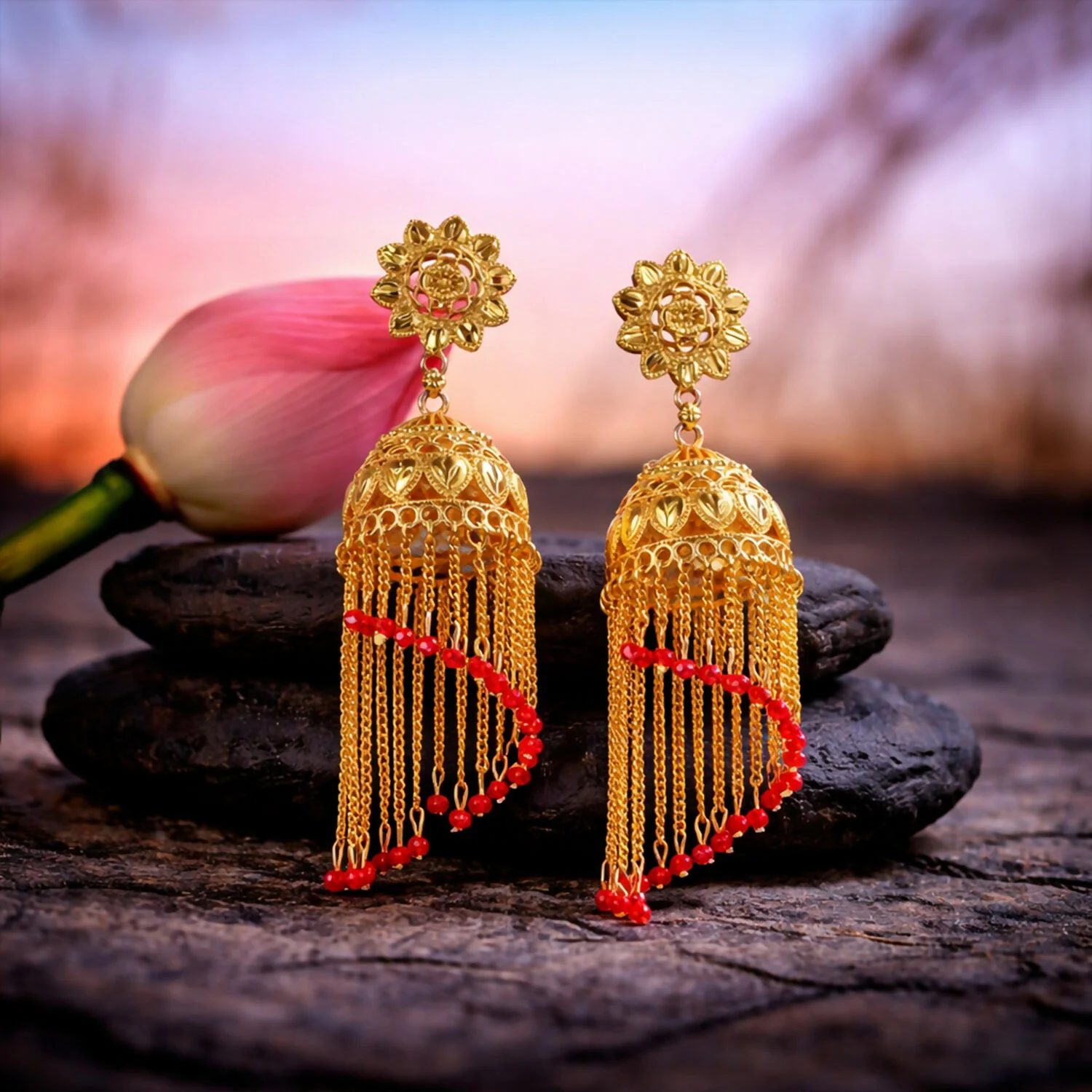 Traditional Gold Tone Double Jhumka Drop Earrings Floral Stud Ethnic Dangle Earrings for Women - Image 3