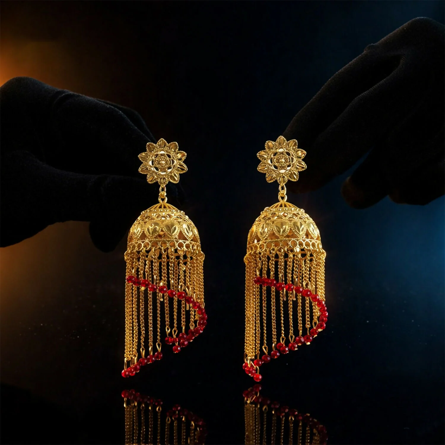 Traditional Gold Tone Double Jhumka Drop Earrings Floral Stud Ethnic Dangle Earrings for Women - Image 4