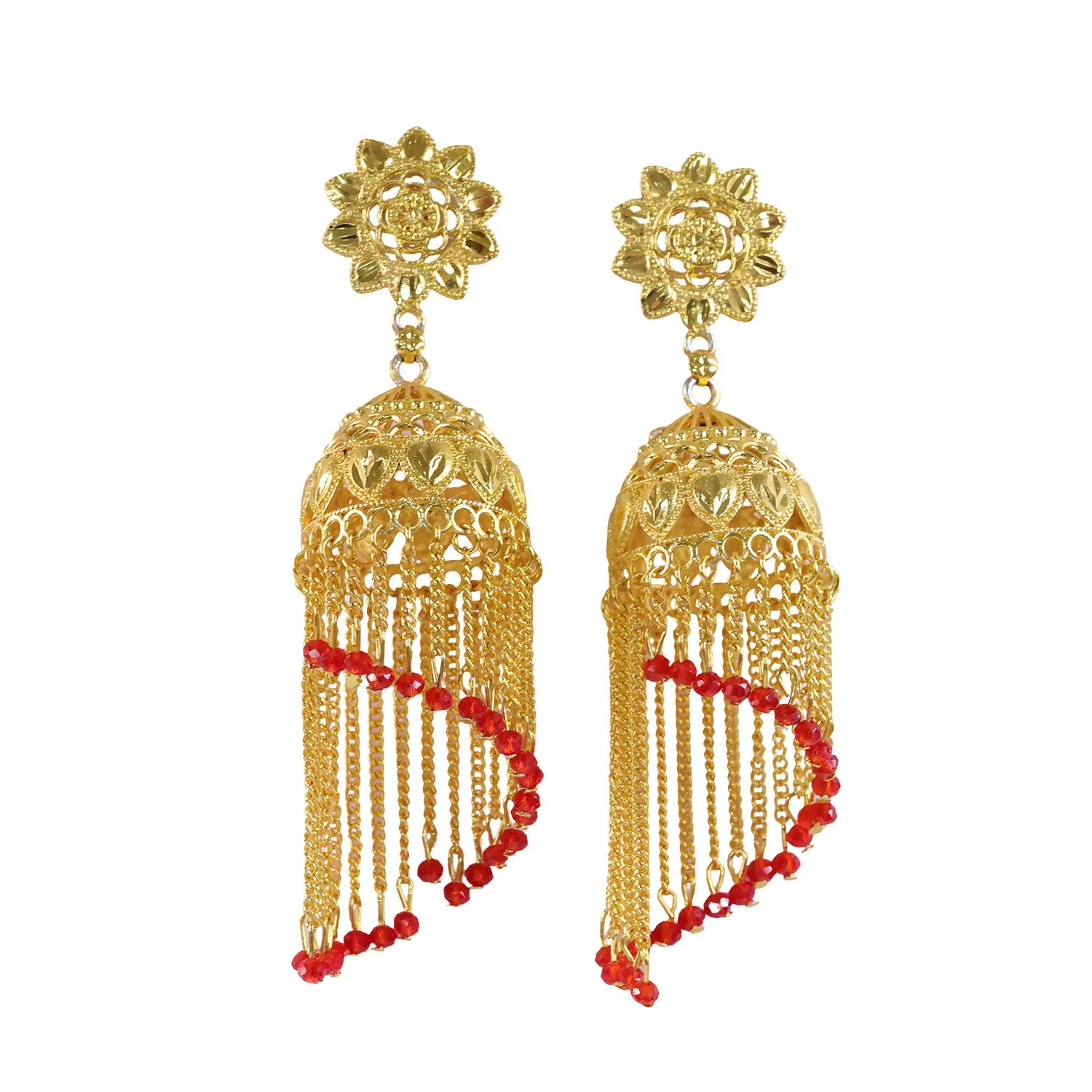 Traditional Gold Tone Double Jhumka Drop Earrings Floral Stud Ethnic Dangle Earrings for Women - Image 5