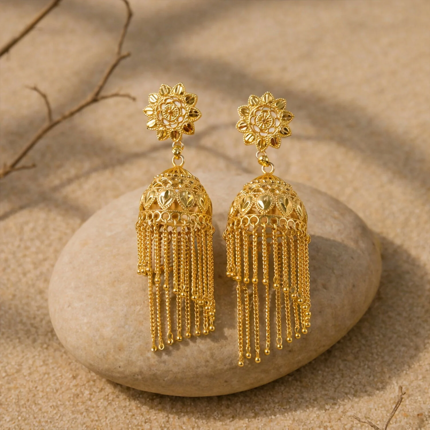 Traditional Gold Tone Floral Jhumka Earrings with Long Chain Tassel Design - Image 3