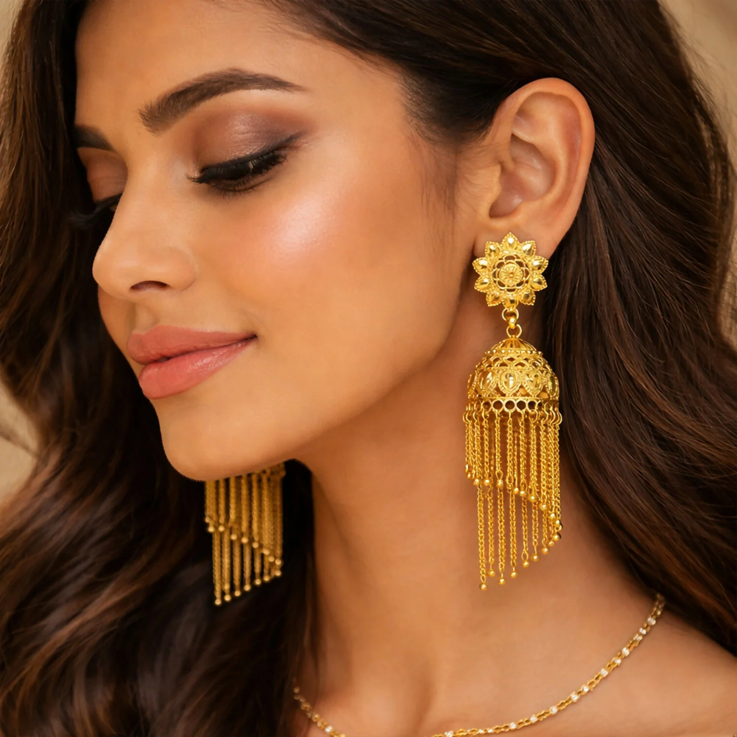 Traditional Gold Tone Floral Jhumka Earrings with Long Chain Tassel Design - Image 4