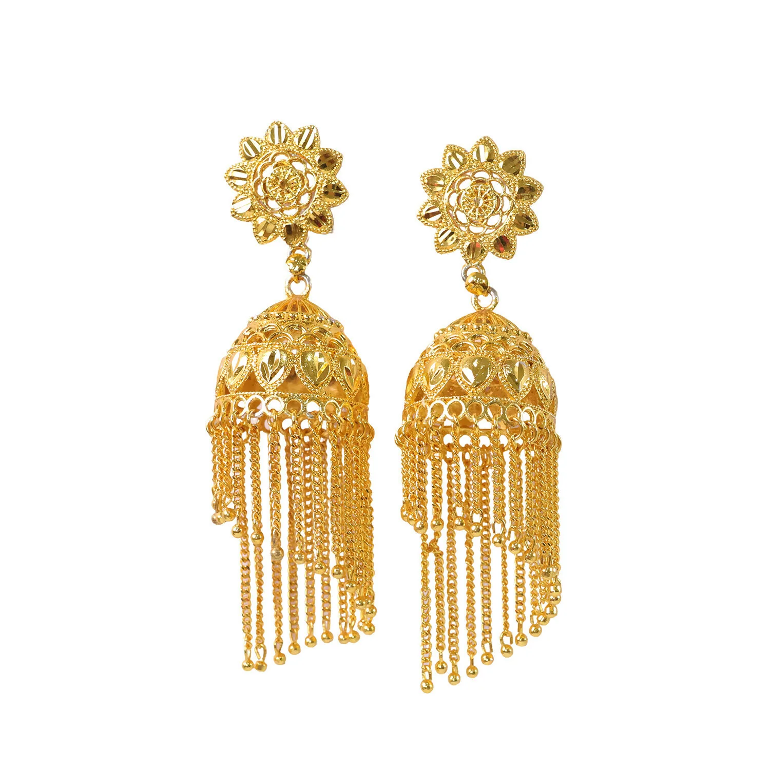 Traditional Gold Tone Floral Jhumka Earrings with Long Chain Tassel Design - Image 5