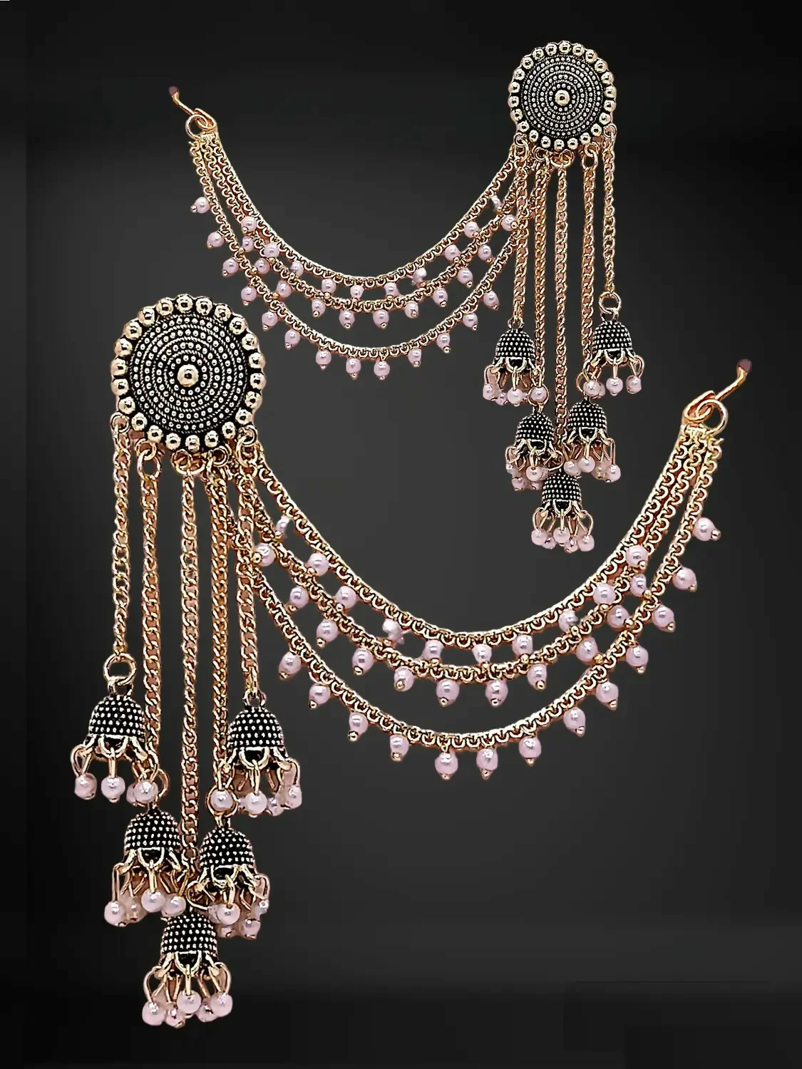 Traditional Gold Tone Jhumka Earrings with Pearl Drops and Elegant Layered Chain Design for Women - Image 2