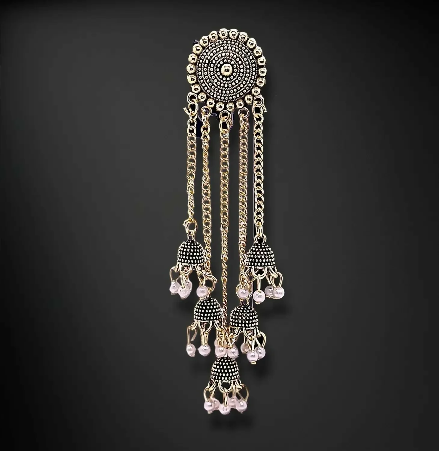 Traditional Gold Tone Jhumka Earrings with Pearl Drops and Elegant Layered Chain Design for Women - Image 3