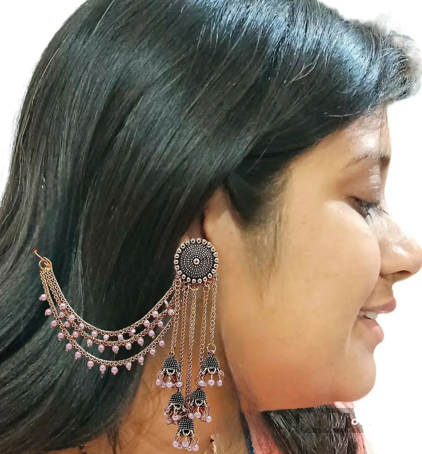 Traditional Gold Tone Jhumka Earrings with Pearl Drops and Elegant Layered Chain Design for Women - Image 4