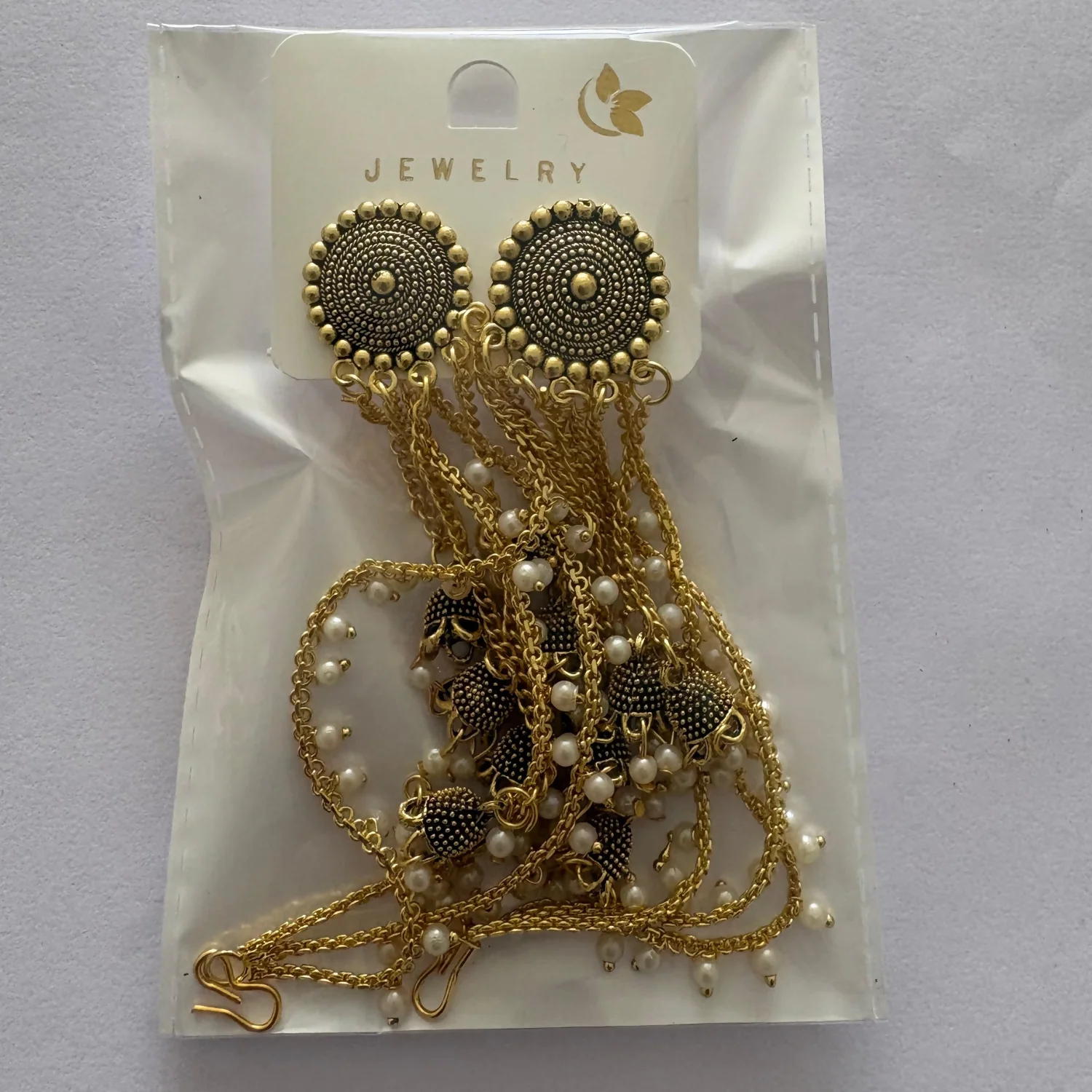 Traditional Gold Tone Jhumka Earrings with Pearl Drops and Elegant Layered Chain Design for Women - Image 5