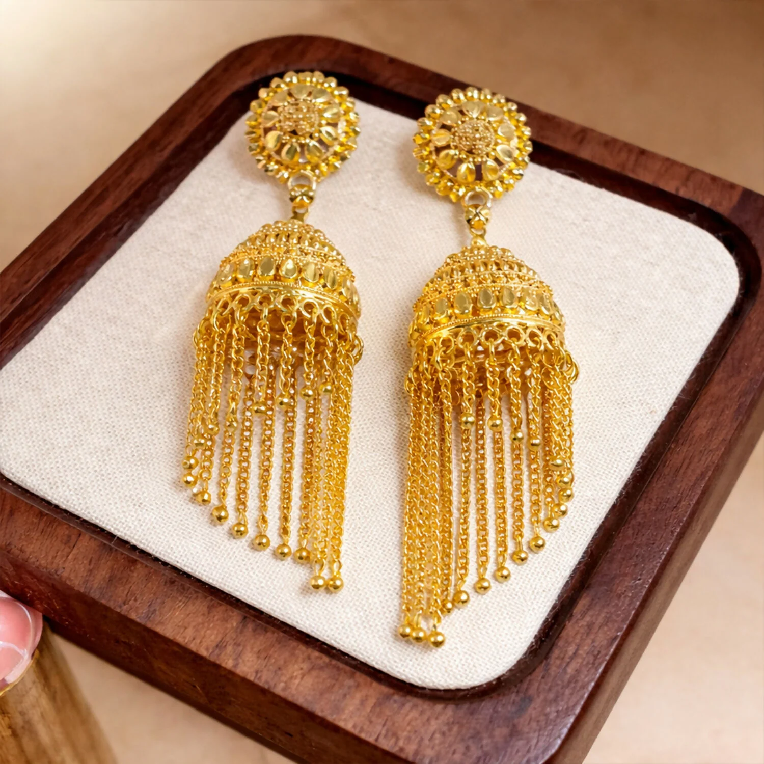 Traditional Gold Tone Jhumka Earrings with Red Bead Tassel Design For Woman And Girl - Image 2