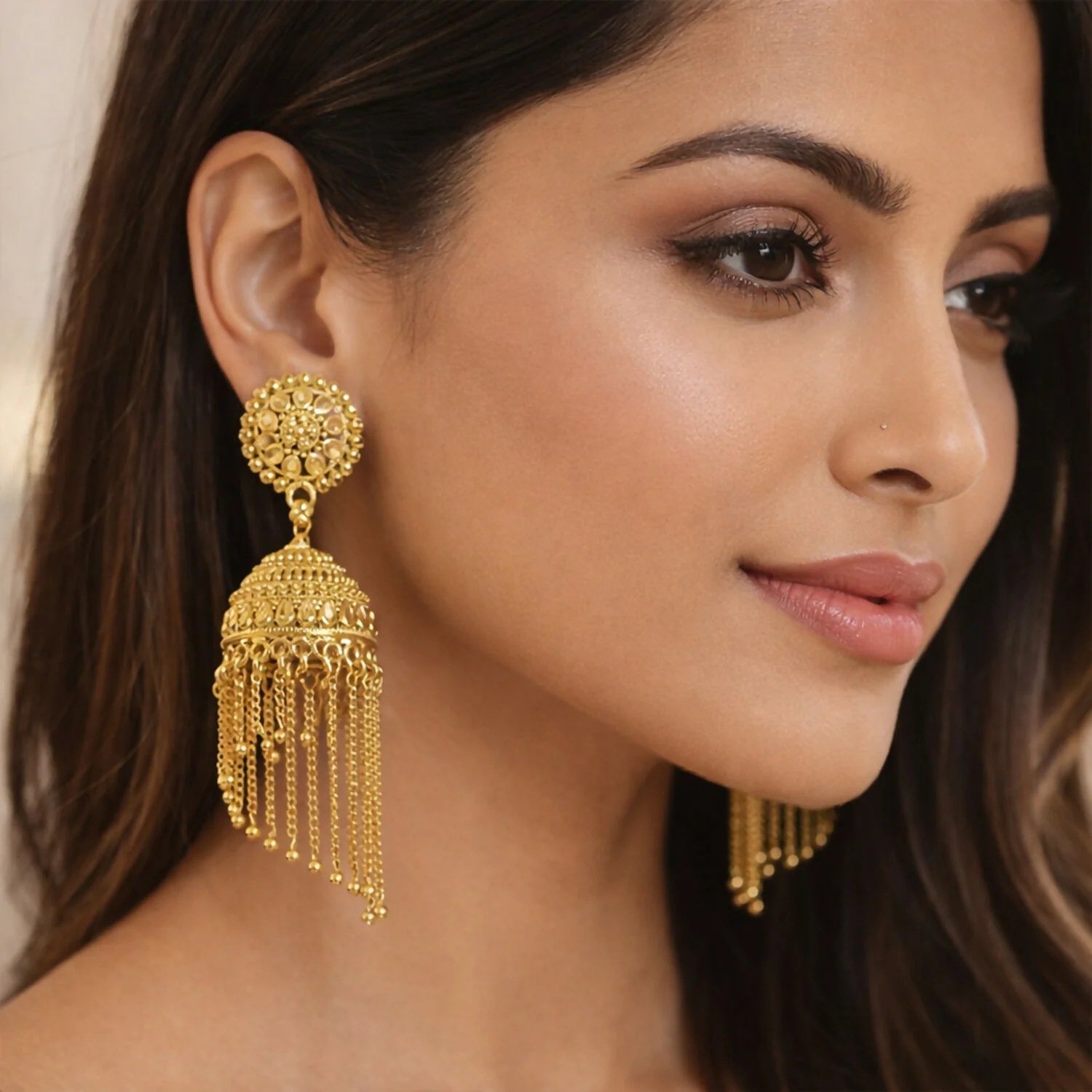 Traditional Gold Tone Jhumka Earrings with Red Bead Tassel Design For Woman And Girl - Image 3
