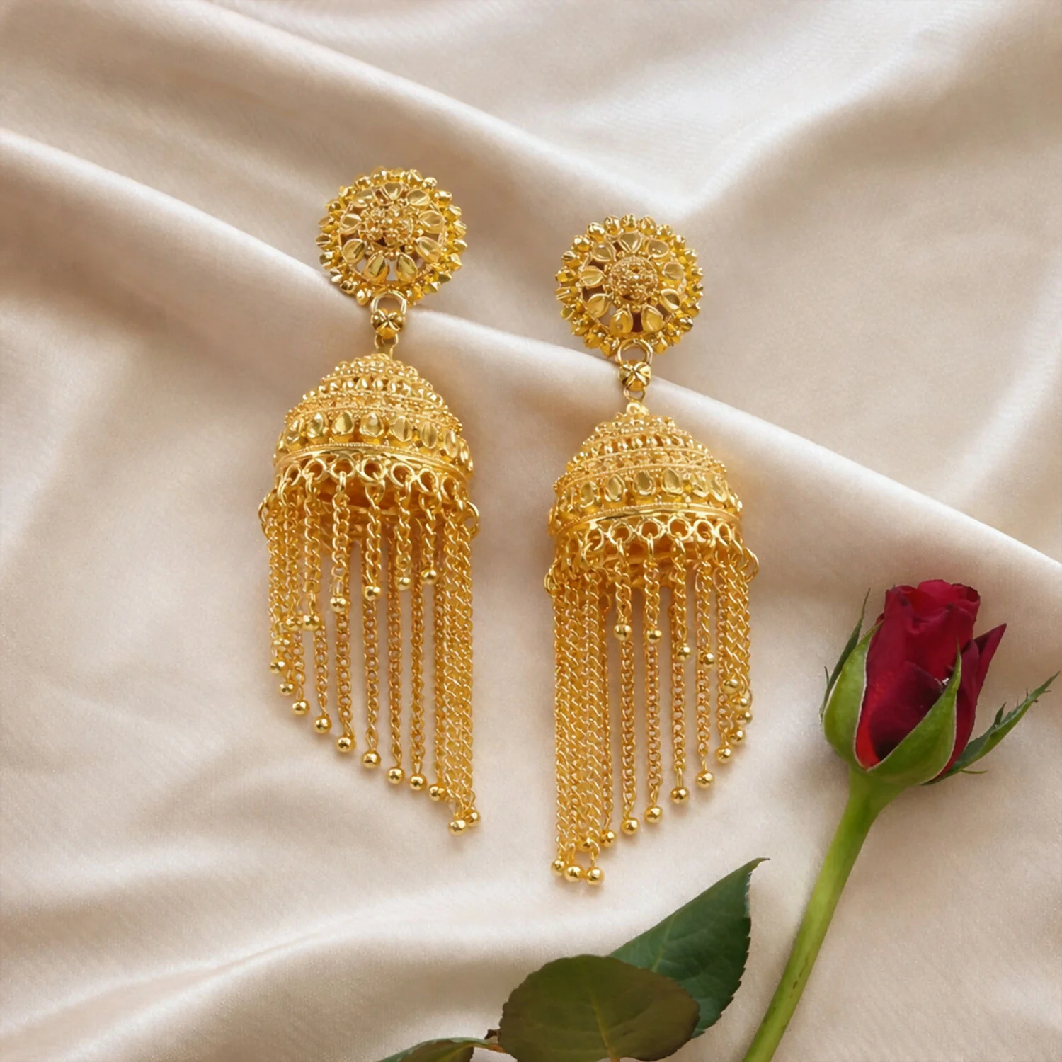 Traditional Gold Tone Jhumka Earrings with Red Bead Tassel Design For Woman And Girl - Image 4