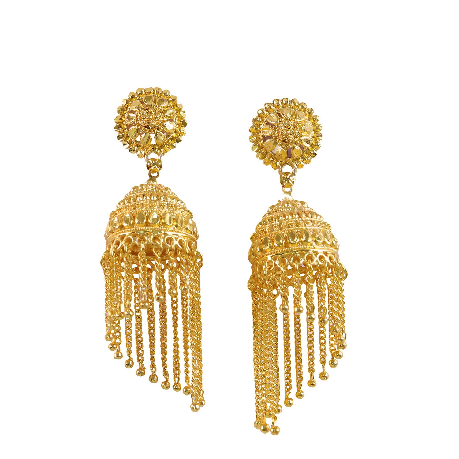 Traditional Gold Tone Jhumka Earrings with Red Bead Tassel Design For Woman And Girl - Image 5