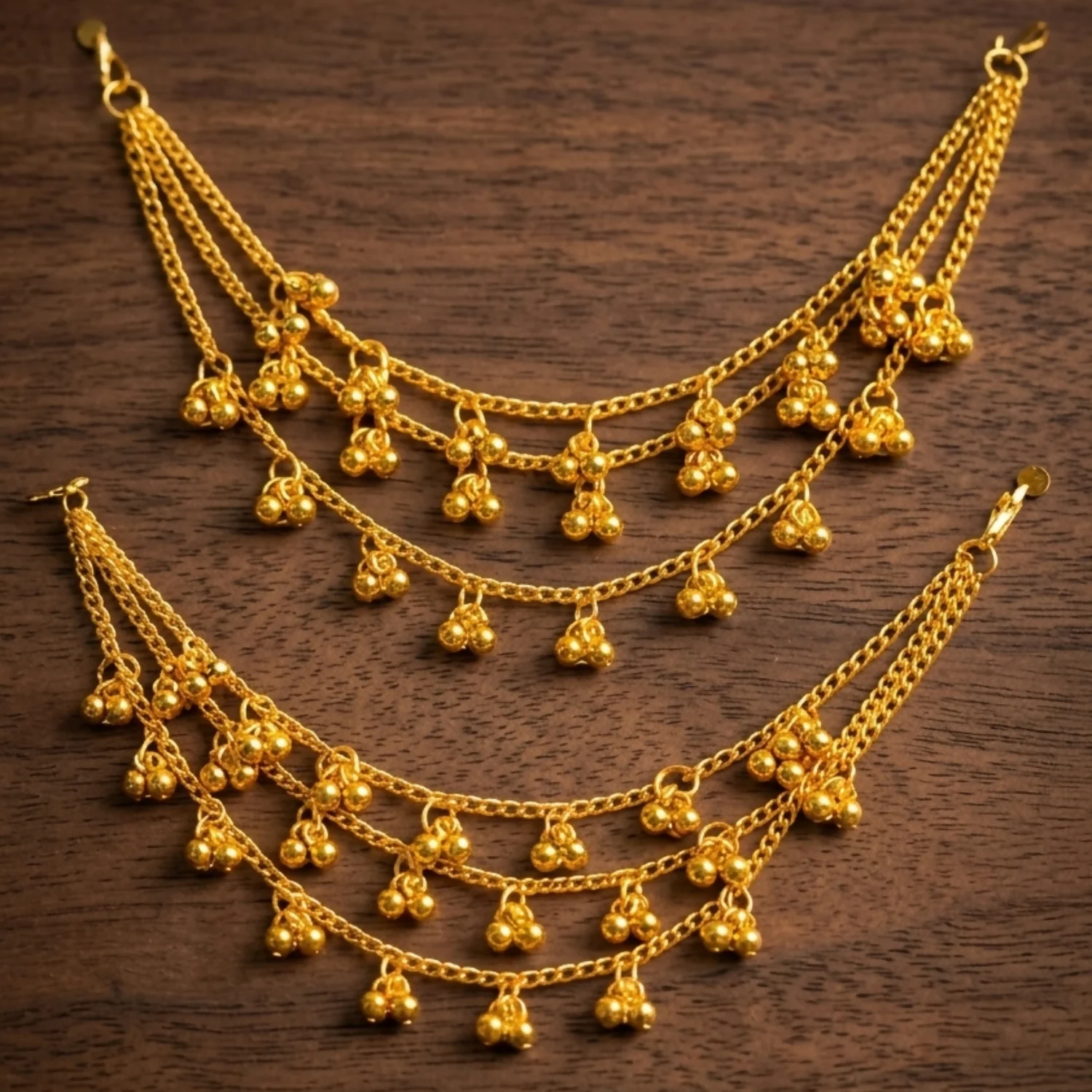 Traditional Gold-Tone Layered Anklet Set Festive Wear Dangling Charm Anklet Pair - Image 2