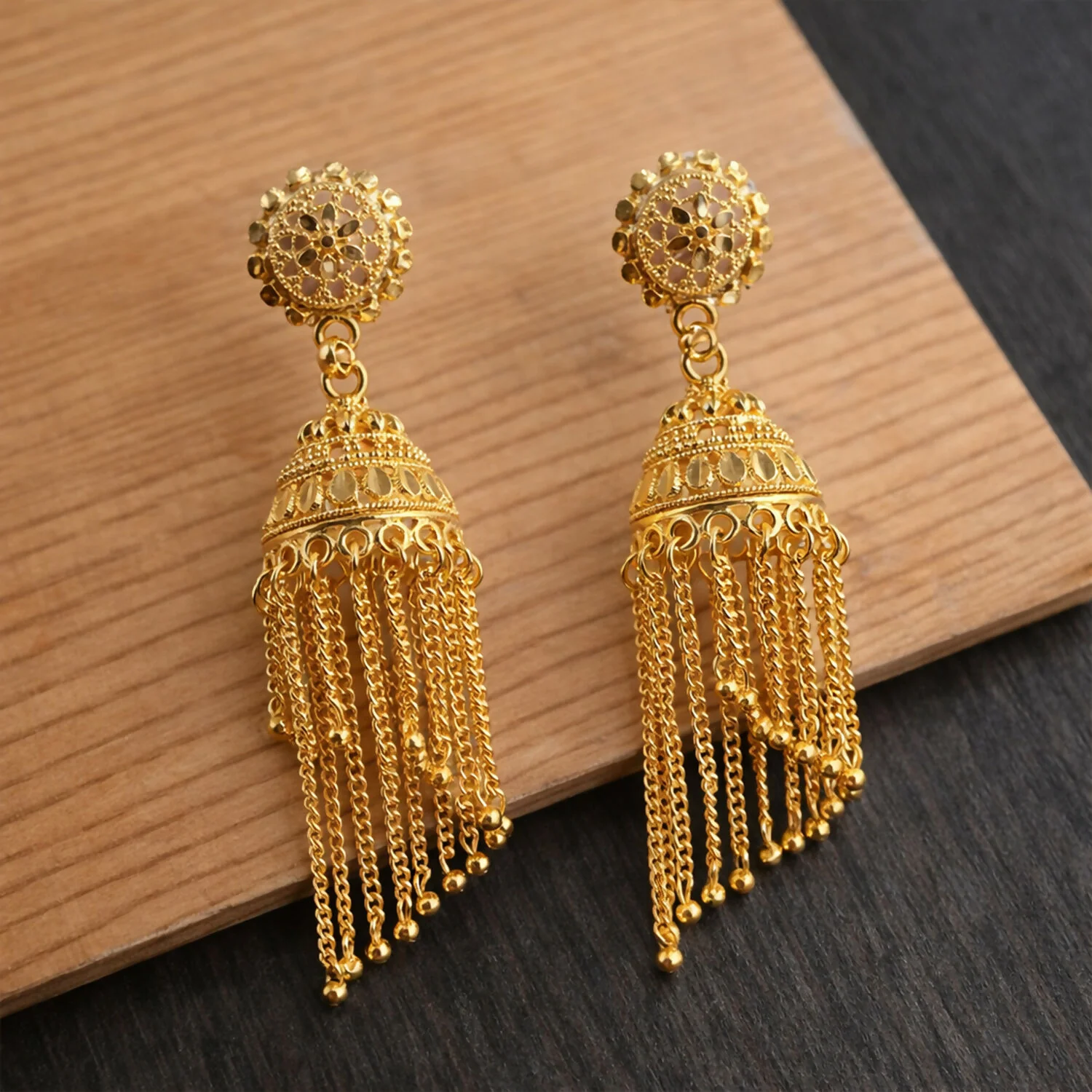 Traditional Gold Tone Long Tassel Jhumka Earrings Floral Stud Dome Drop Ethnic Earrings for Women - Image 2