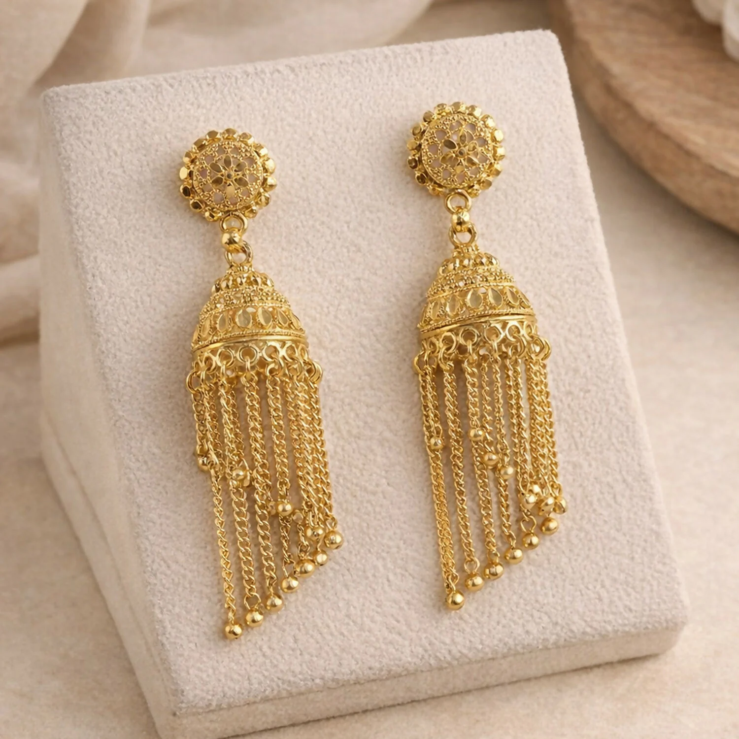 Traditional Gold Tone Long Tassel Jhumka Earrings Floral Stud Dome Drop Ethnic Earrings for Women - Image 3