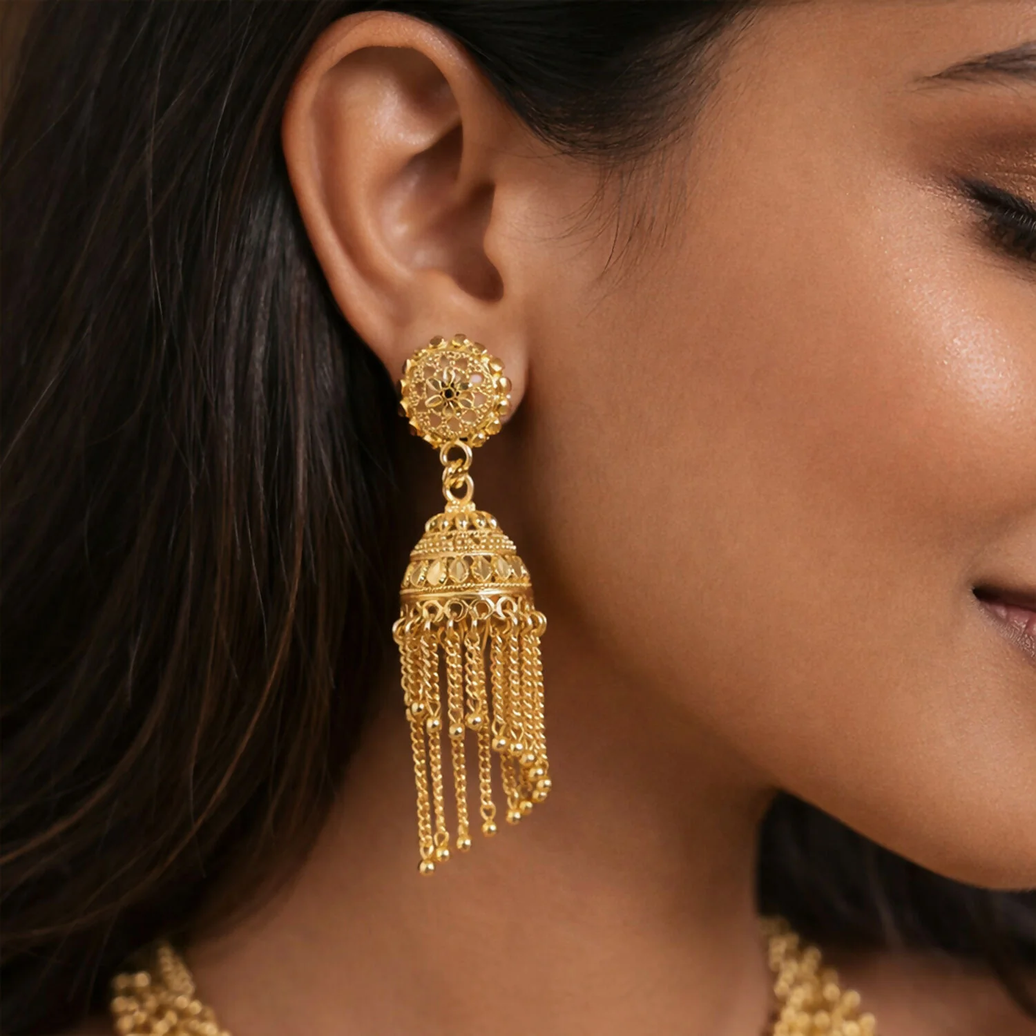 Traditional Gold Tone Long Tassel Jhumka Earrings Floral Stud Dome Drop Ethnic Earrings for Women - Image 4