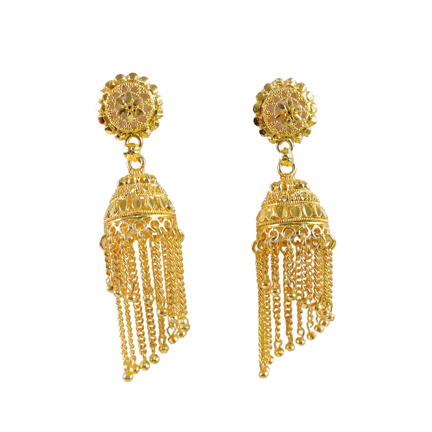 Traditional Gold Tone Long Tassel Jhumka Earrings Floral Stud Dome Drop Ethnic Earrings for Women - Image 5