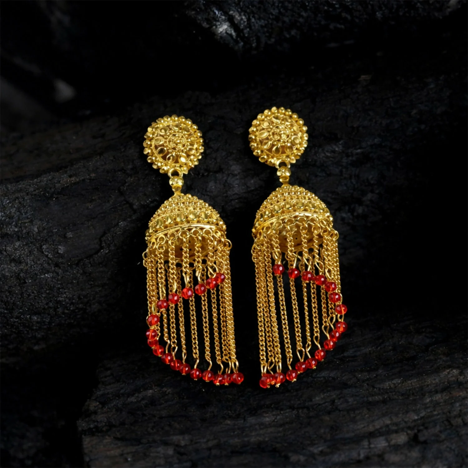 Traditional Gold Tone Tassel Jhumka Earrings Long Chain Drop Ethnic Earrings for Women - Image 2