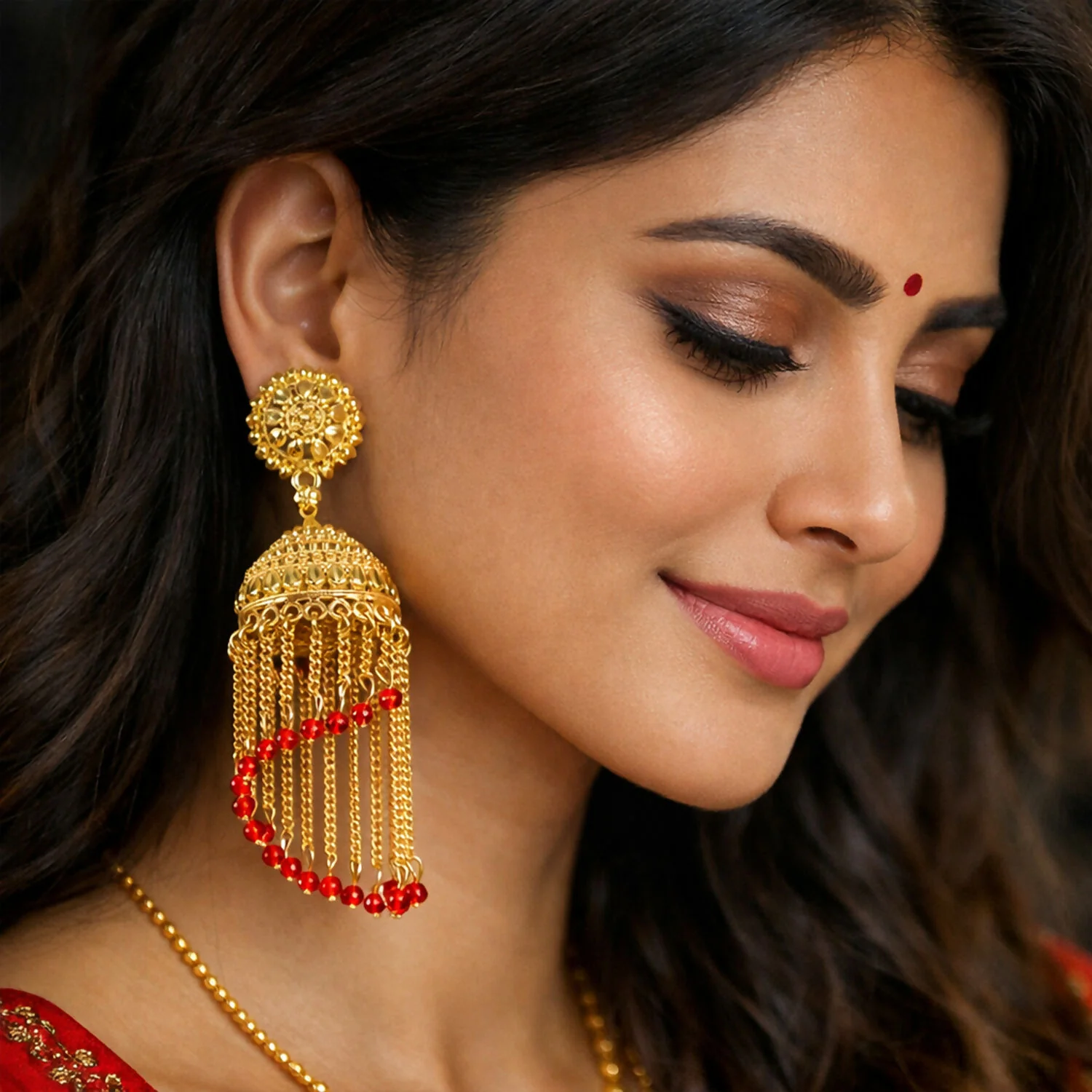 Traditional Gold Tone Tassel Jhumka Earrings Long Chain Drop Ethnic Earrings for Women - Image 3