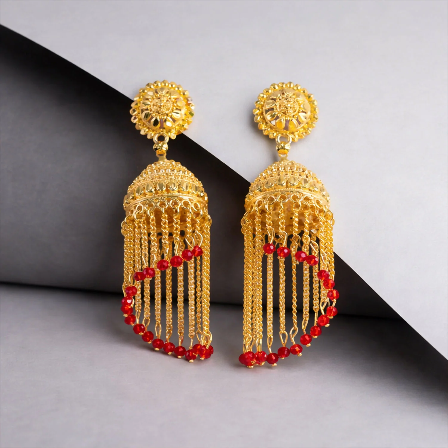 Traditional Gold Tone Tassel Jhumka Earrings Long Chain Drop Ethnic Earrings for Women - Image 4