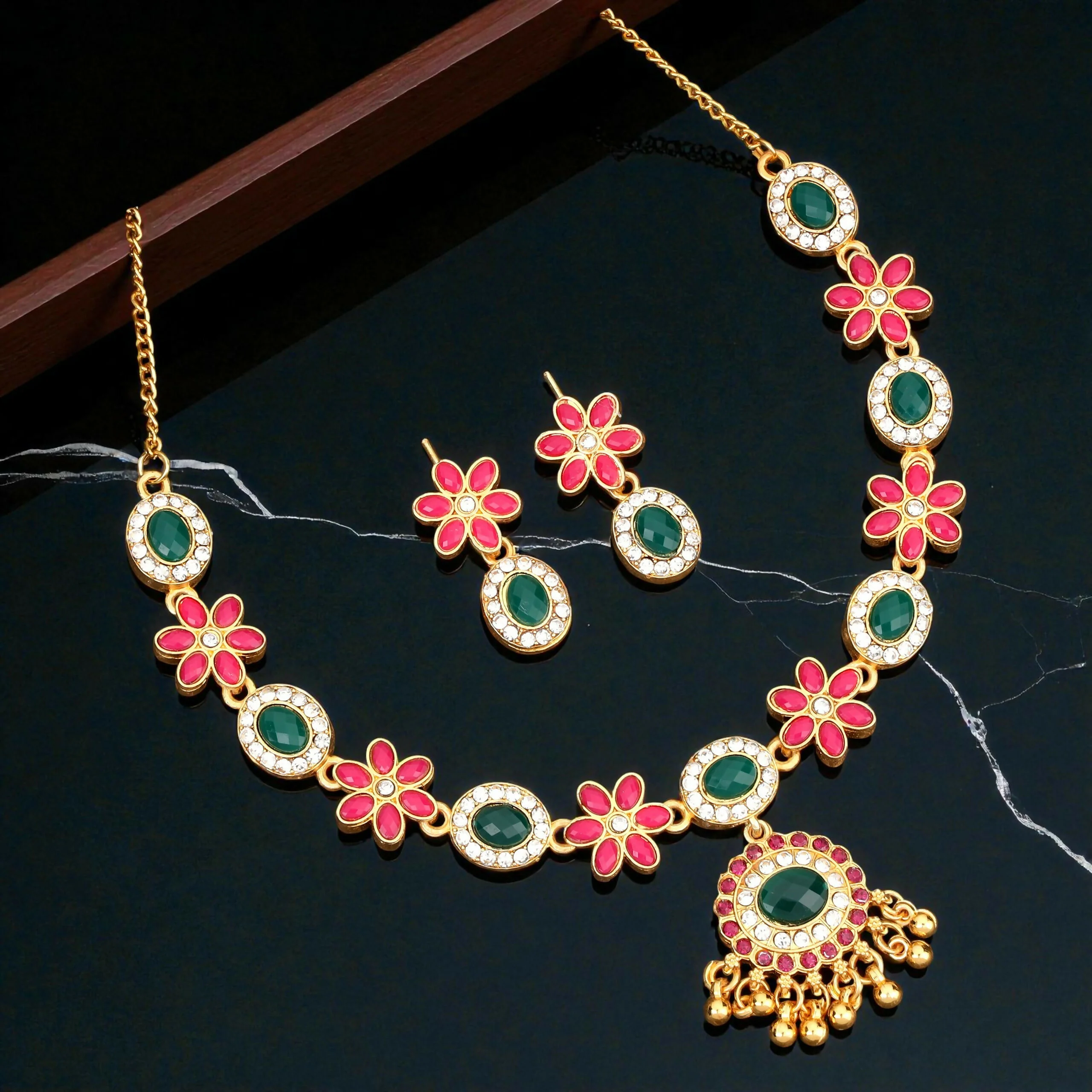 Traditional Gold-Toned Green-Pink Enamel Lotus Choker Set - Image 3