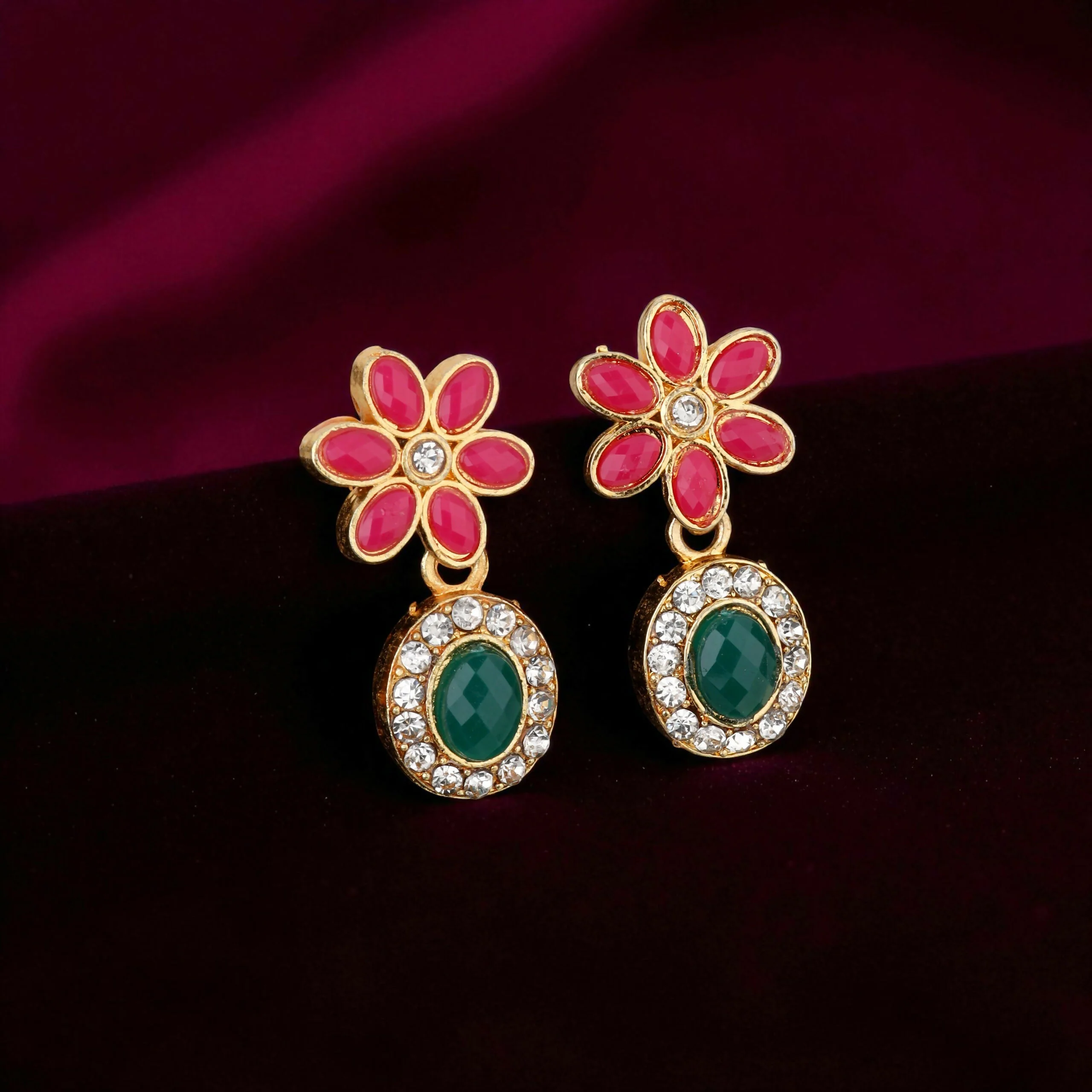 Traditional Gold-Toned Green-Pink Enamel Lotus Choker Set - Image 4