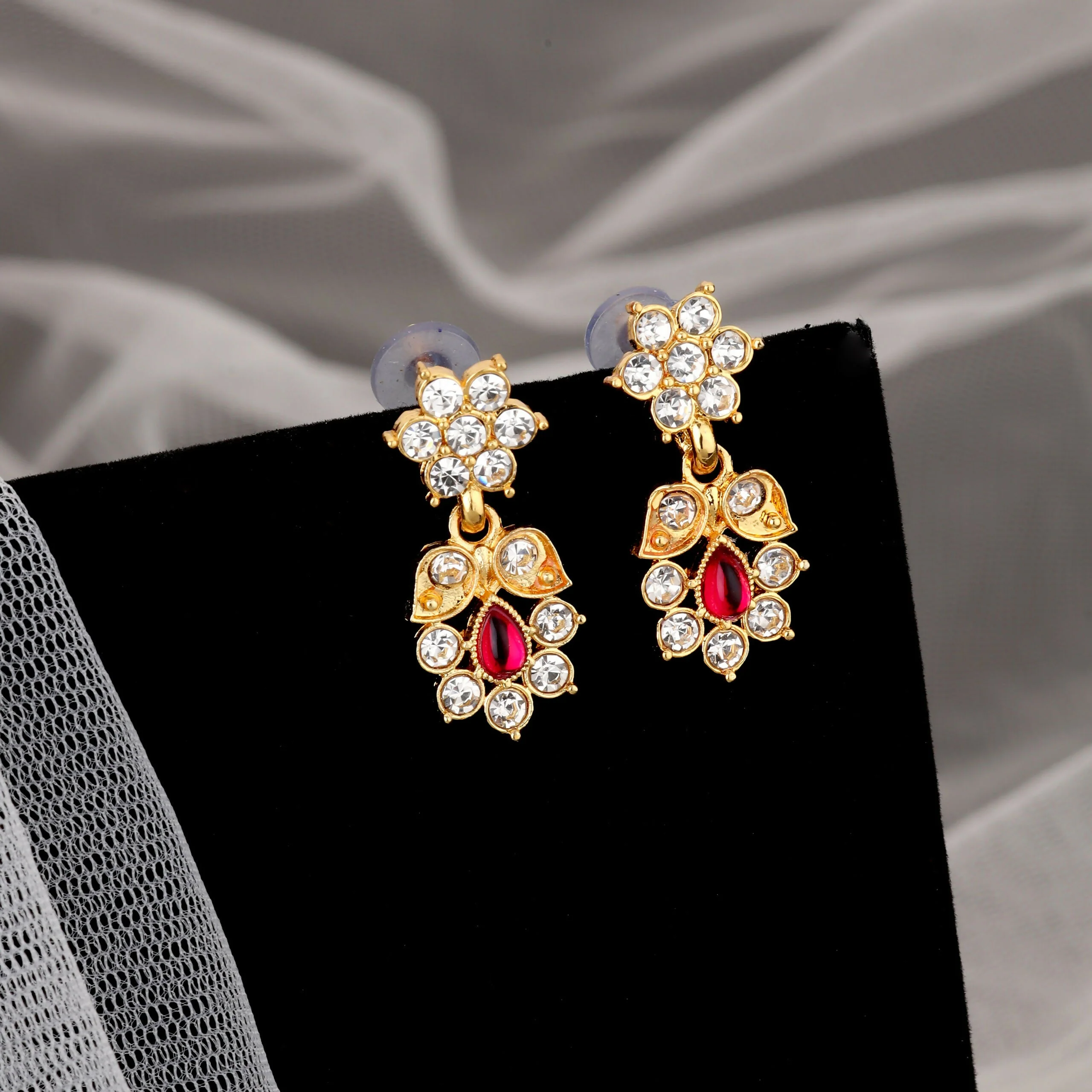 Traditional Gold-Toned Ruby & American Diamond Floral Set - Image 2