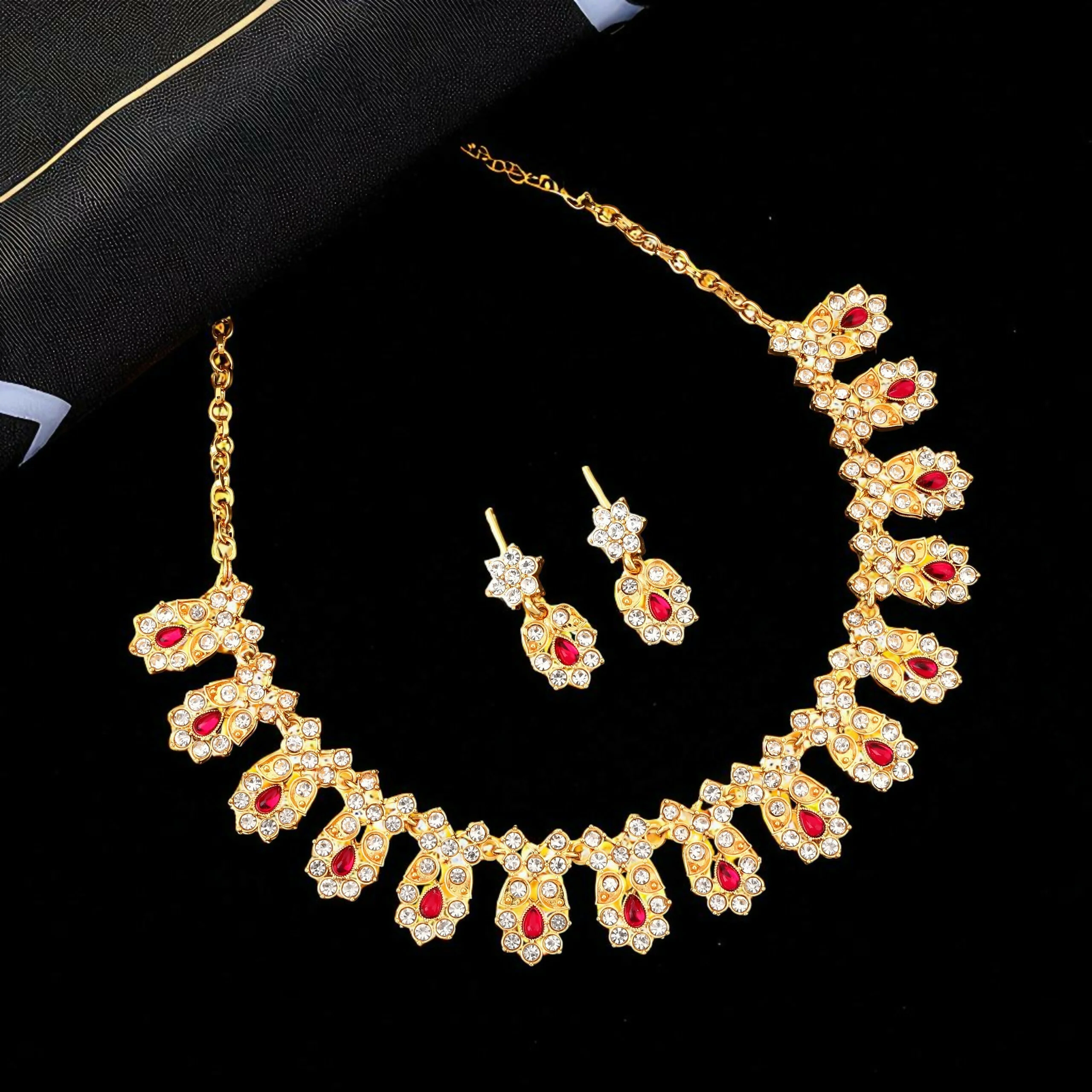 Traditional Gold-Toned Ruby & American Diamond Floral Set - Image 3