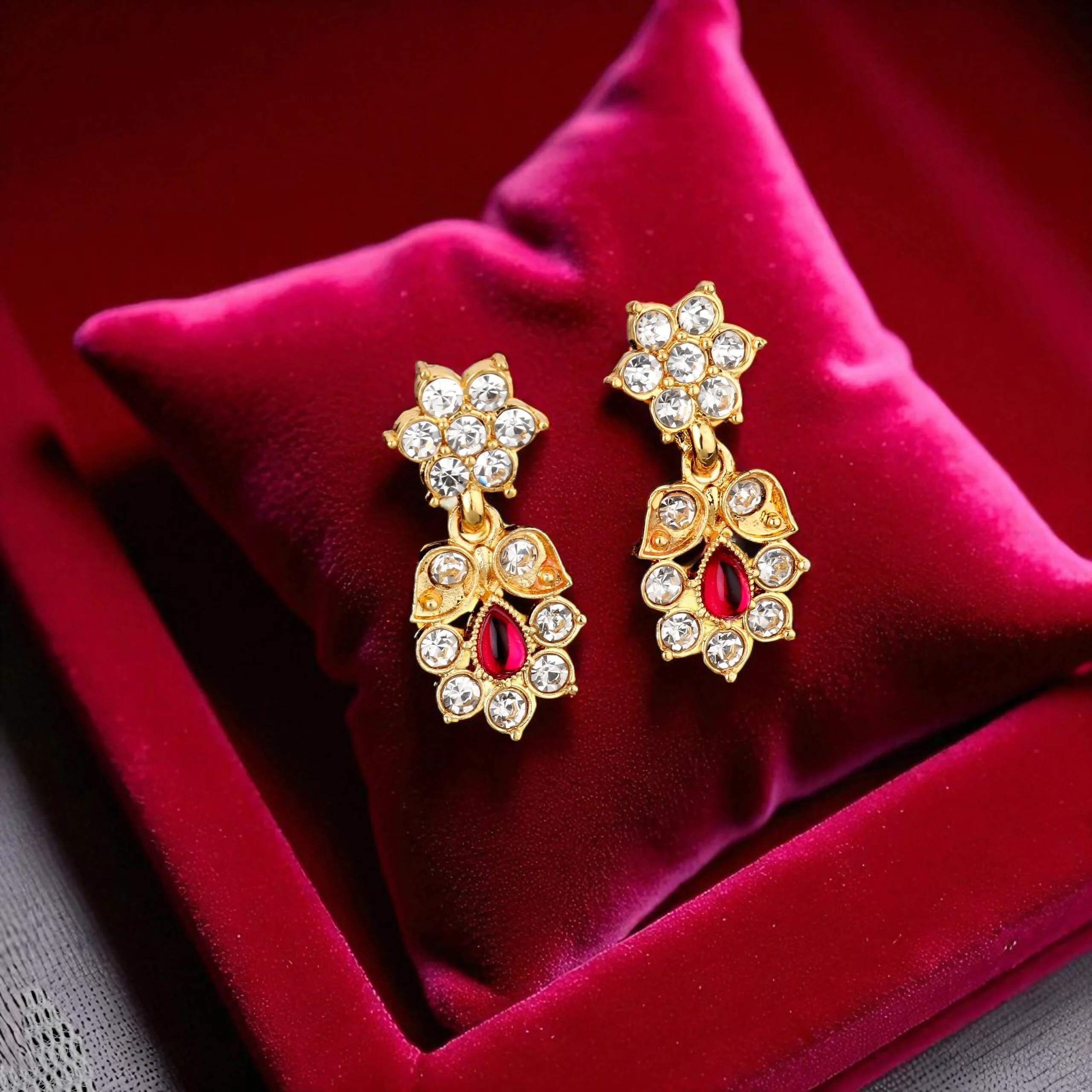 Traditional Gold-Toned Ruby & American Diamond Floral Set - Image 4