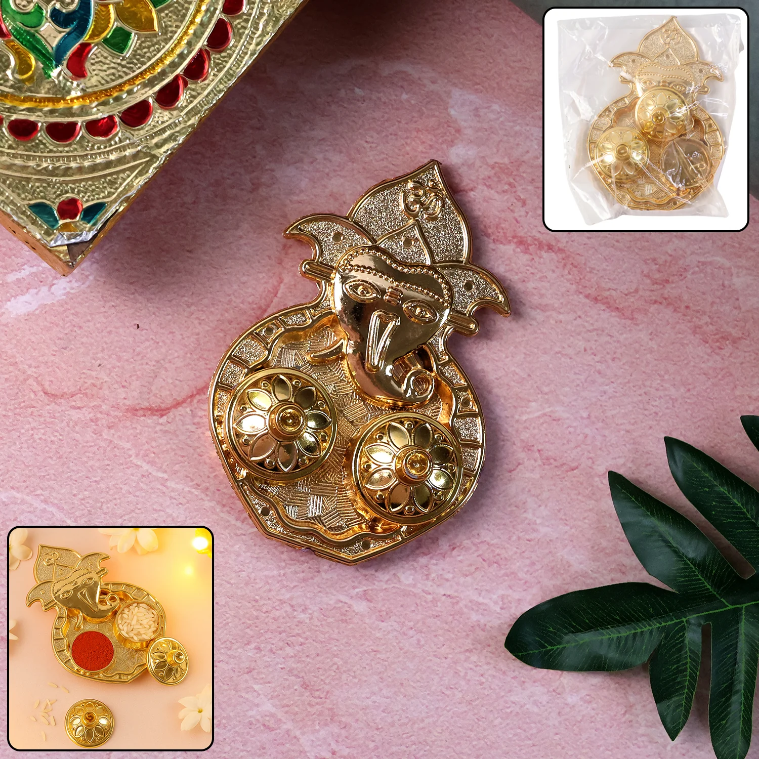 Traditional Golden Lord Ganesha Kumkum Dish (1 Pc)