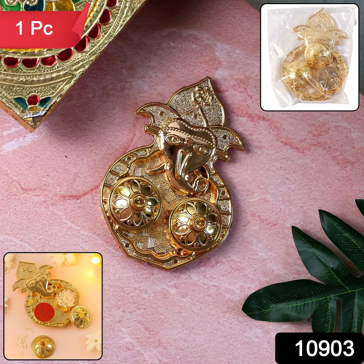 Traditional Golden Lord Ganesha Kumkum Dish (1 Pc) - Image 2