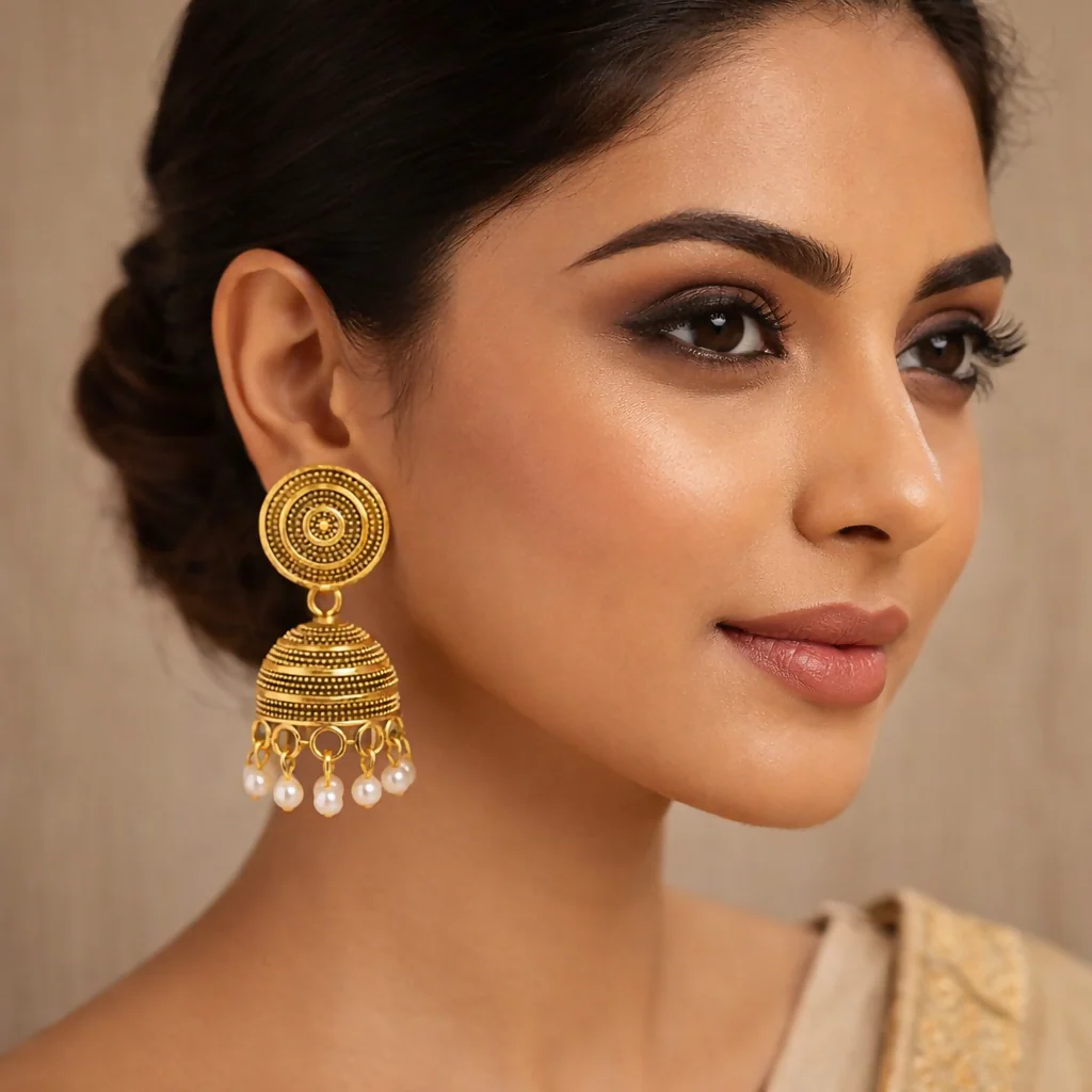 TRADITIONAL GOLDEN PLATED JHUMKA EARRINGS - Image 3