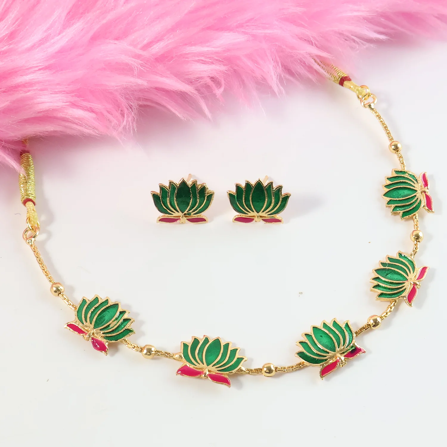 Traditional Green & Lotus Motif Jewellery Set - Image 4