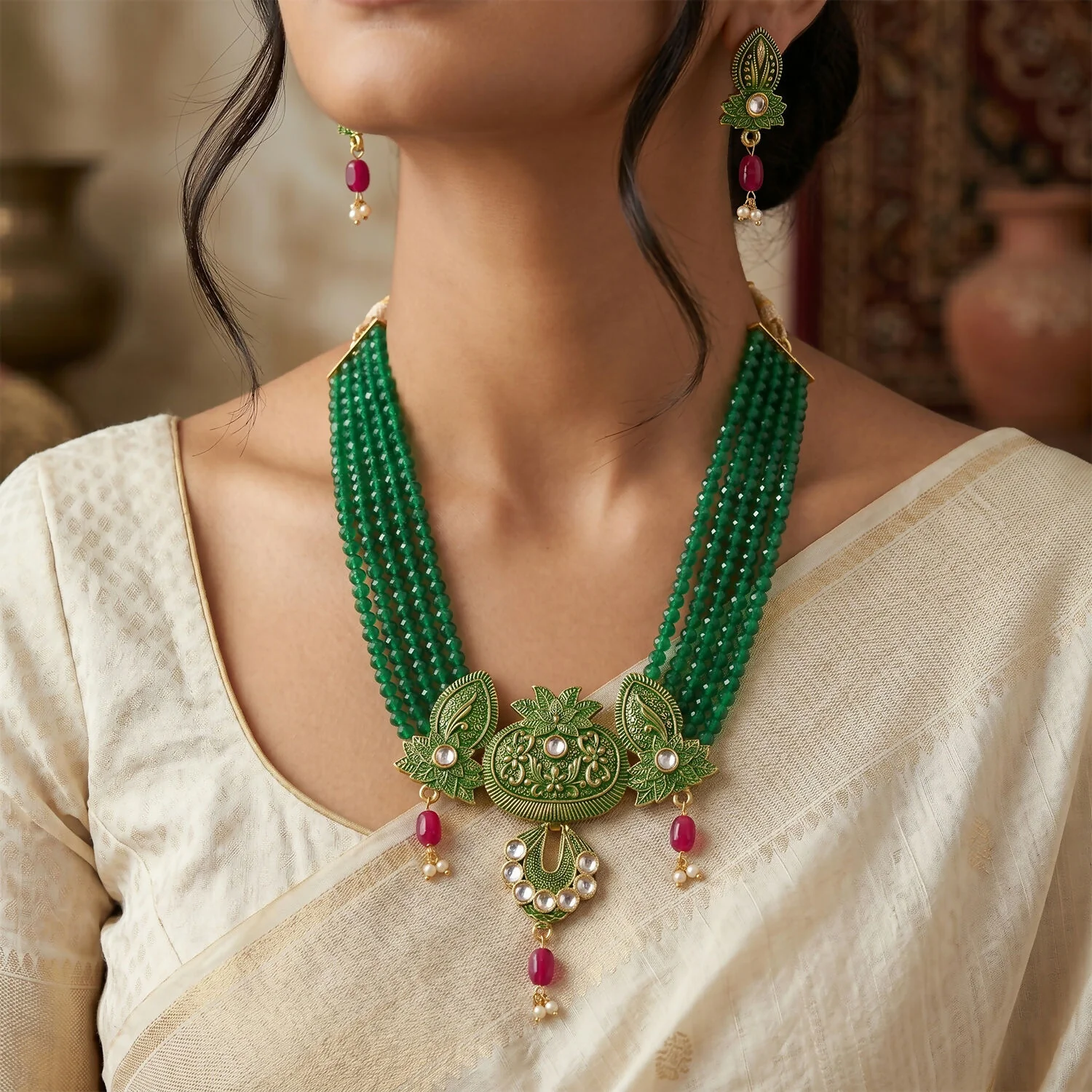 Traditional Green Beaded Designer Necklace Set with Earrings Ethnic Adjustable Thread Jewelry Set - Image 2