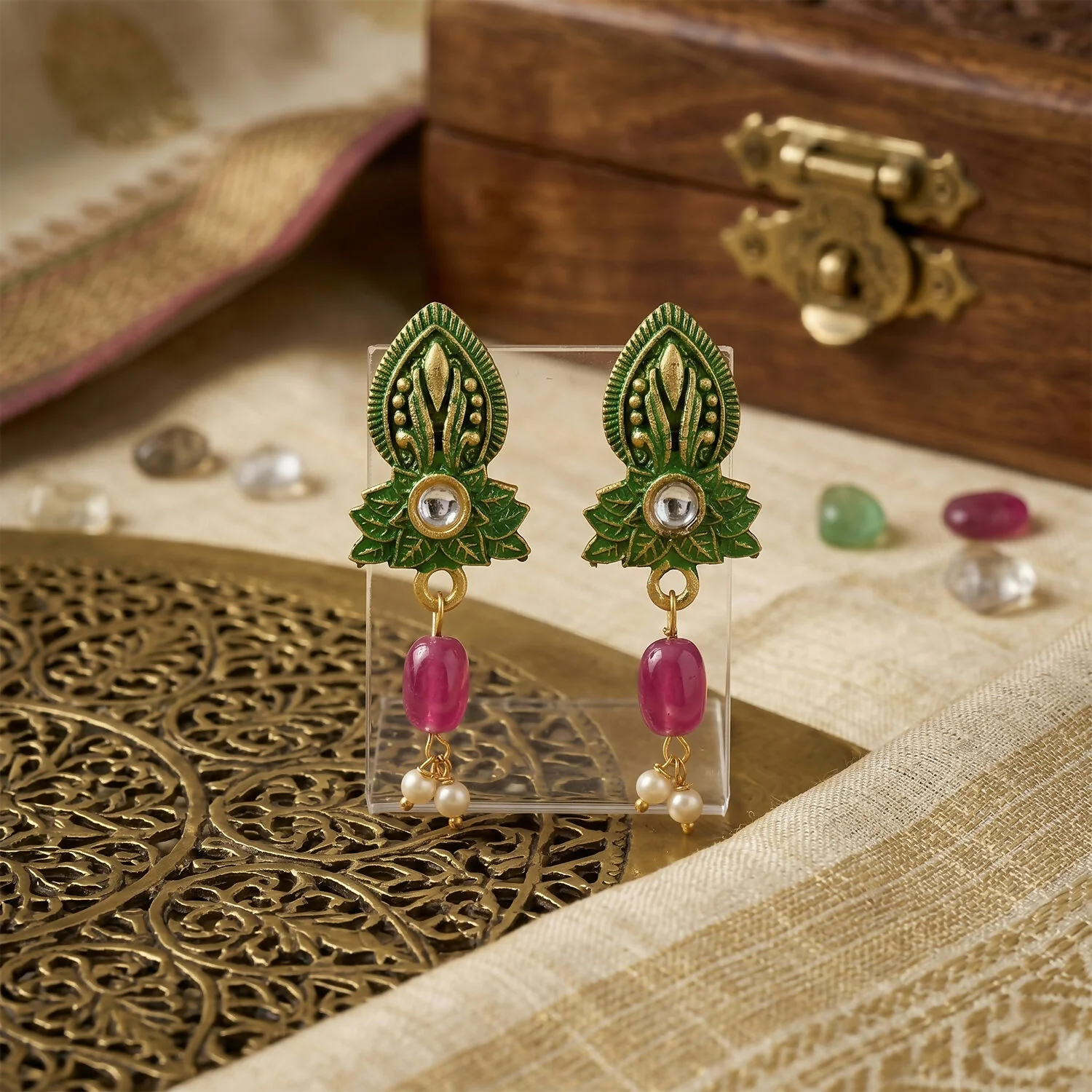 Traditional Green Beaded Designer Necklace Set with Earrings Ethnic Adjustable Thread Jewelry Set - Image 3
