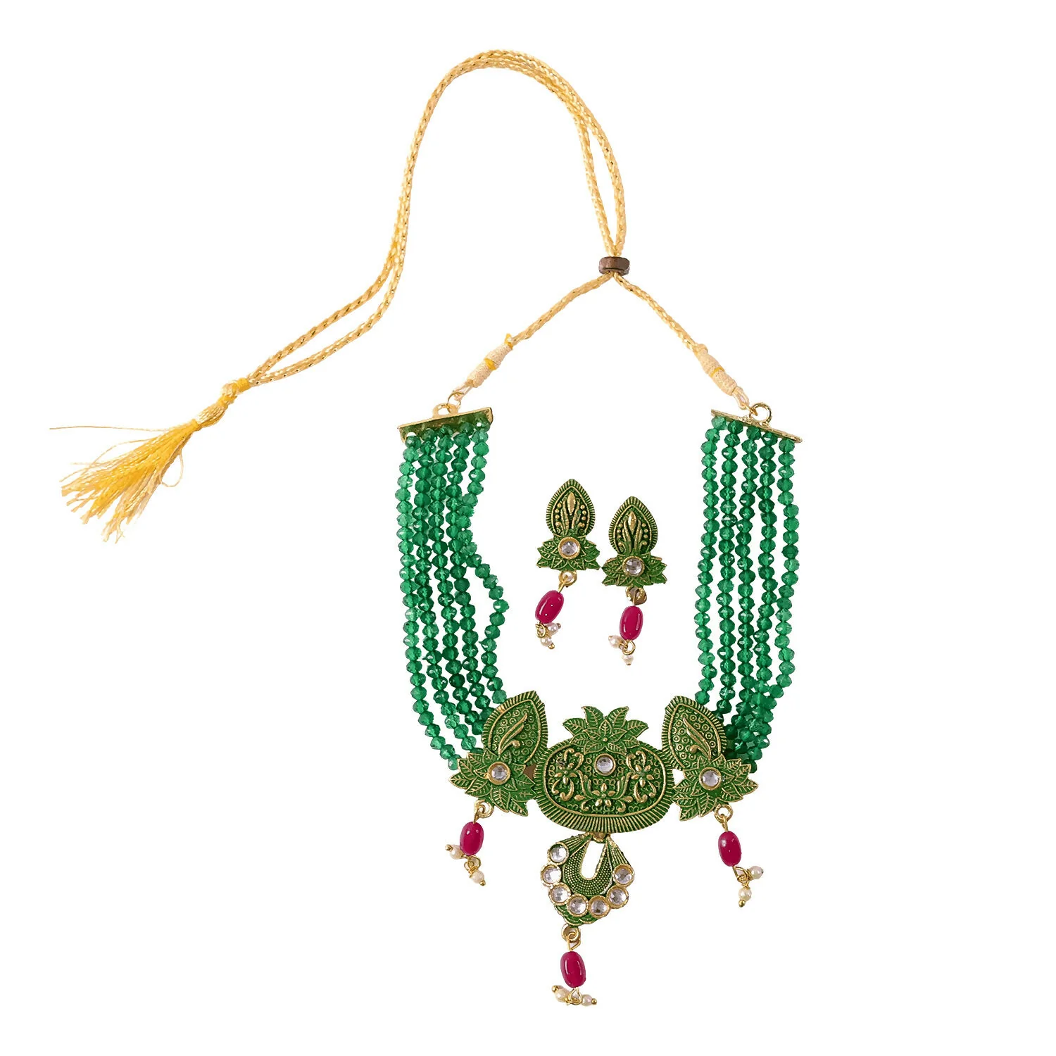 Traditional Green Beaded Designer Necklace Set with Earrings Ethnic Adjustable Thread Jewelry Set - Image 4