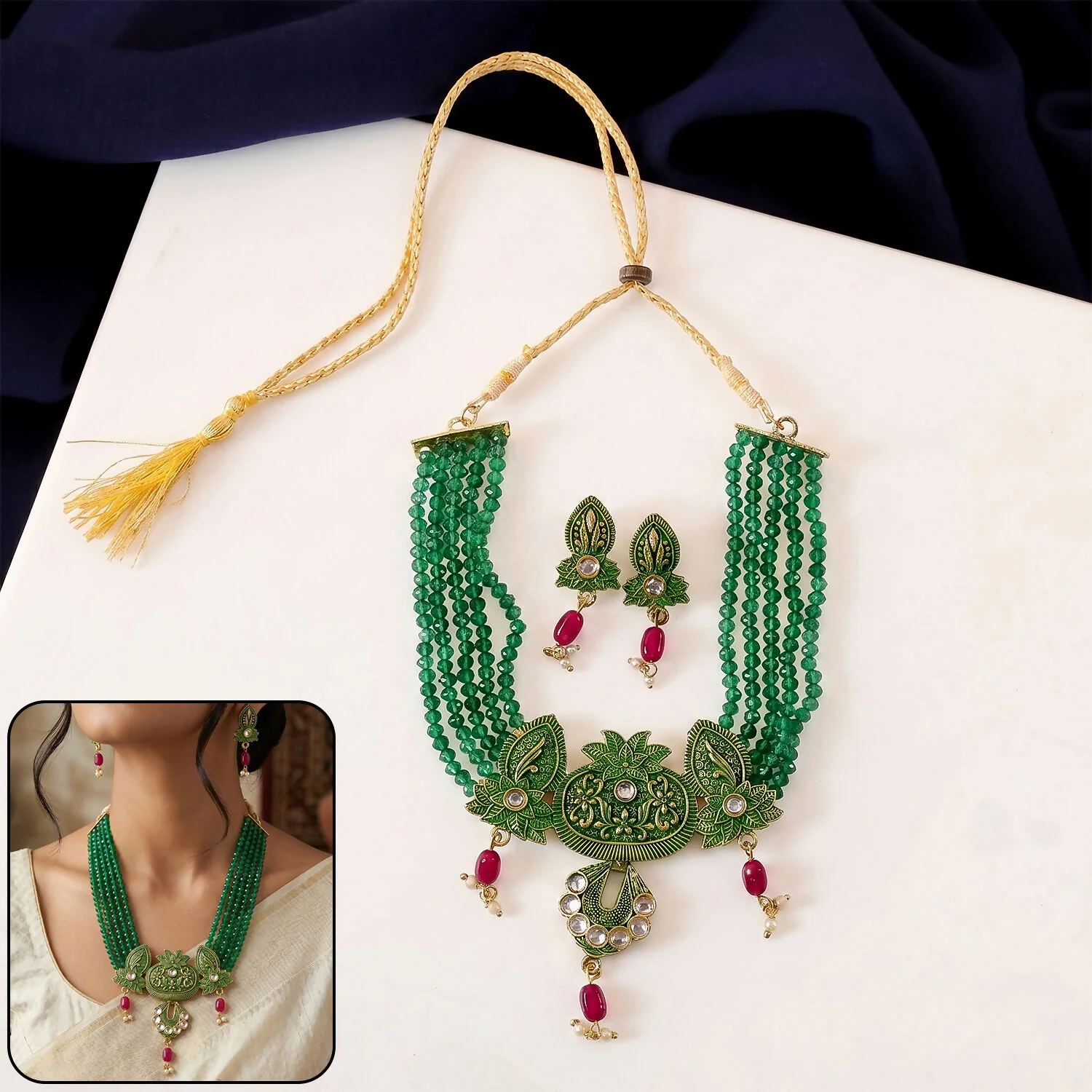 Traditional Green Beaded Designer Necklace Set with Earrings Ethnic Adjustable Thread Jewelry Set - Image 5