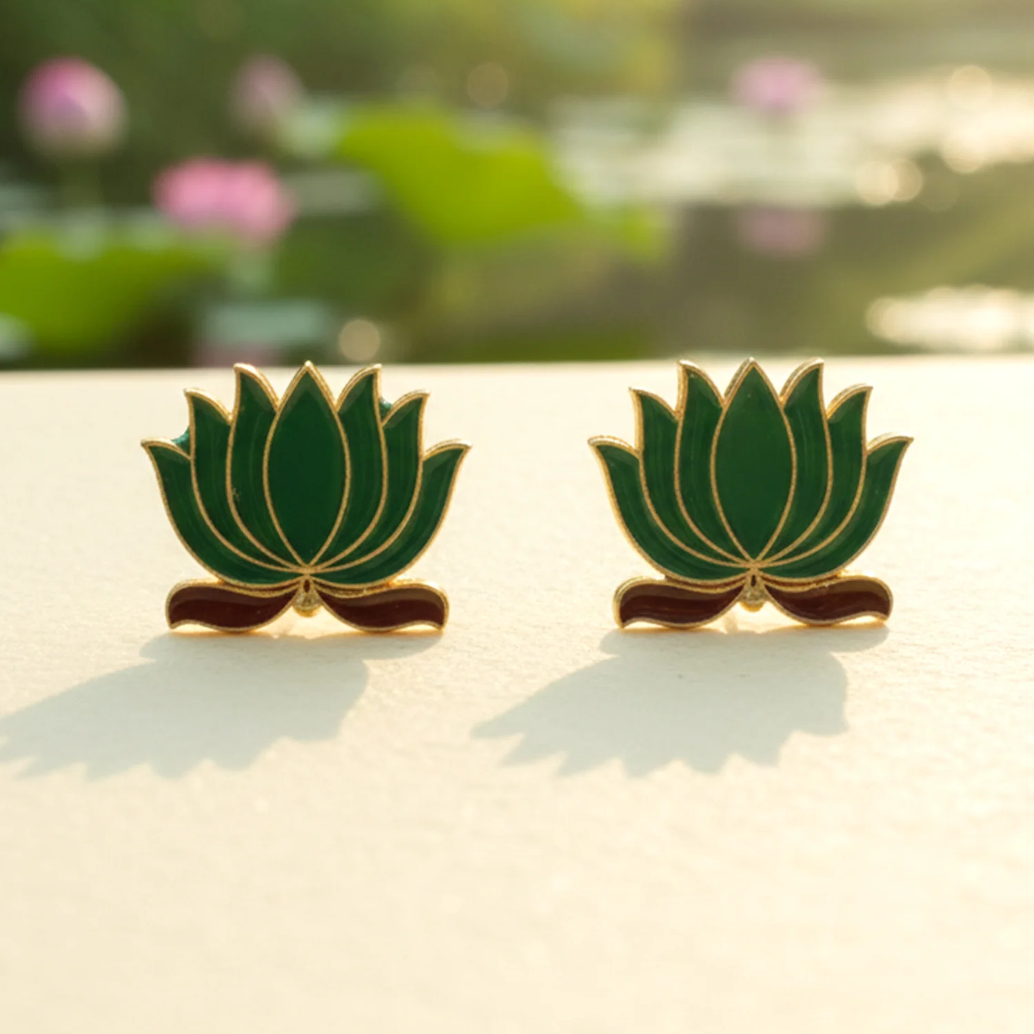 Traditional Green Lotus Design Necklace with Stud Earrings Set(1 Set) - Image 6