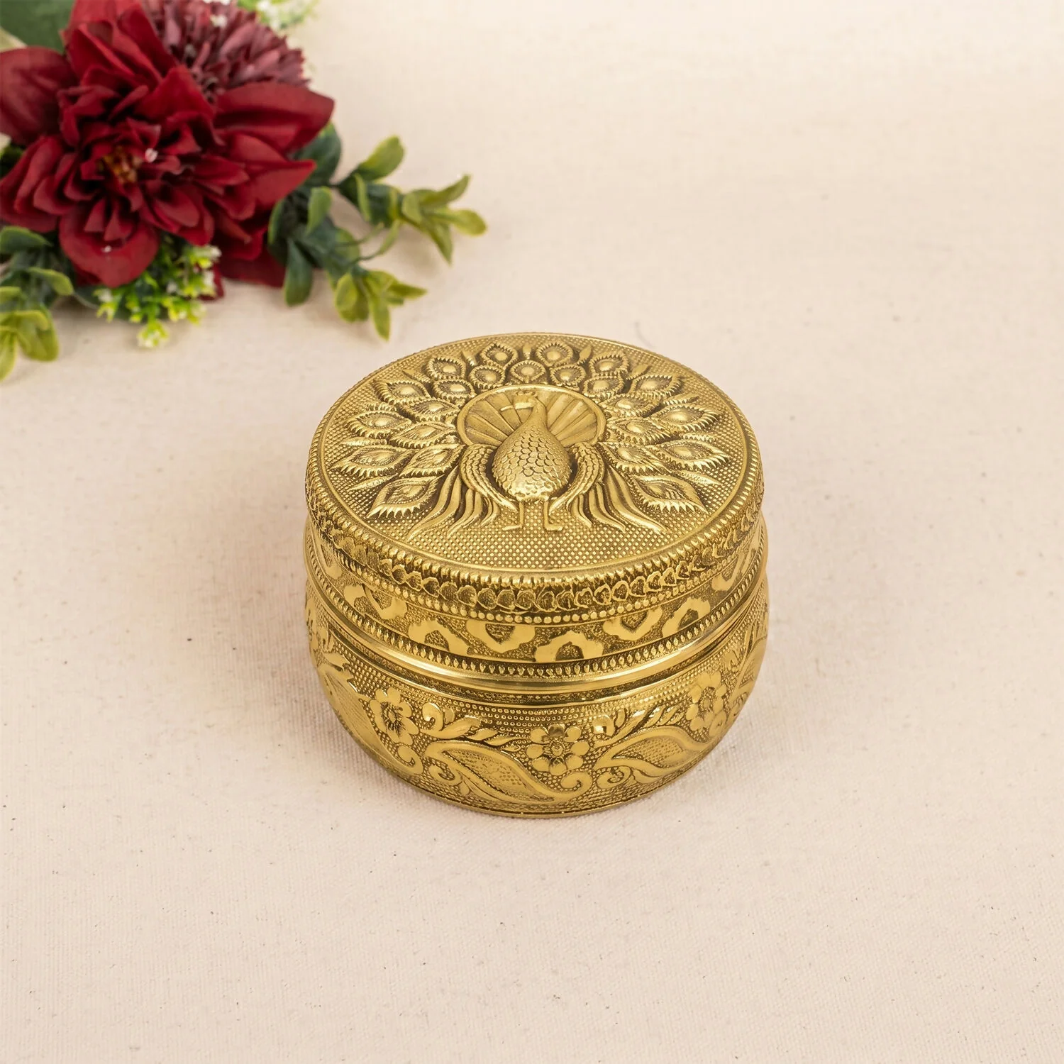 Traditional Handcrafted Stainless Steel Storage Box with Embossed Peacock Lid – Decorative Gift Container - Image 2