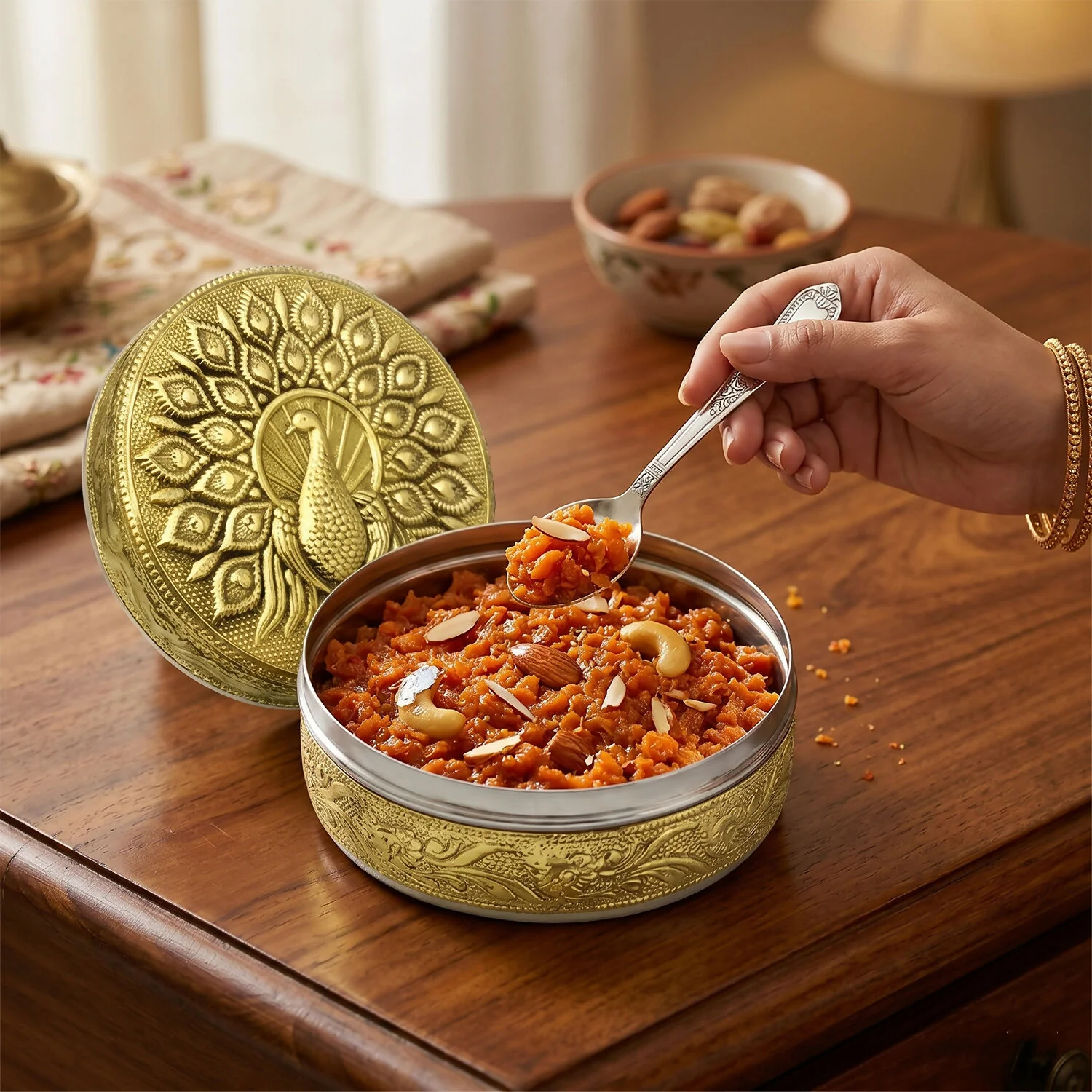 Traditional Handcrafted Stainless Steel Storage Box with Embossed Peacock Lid – Decorative Gift Container - Image 3