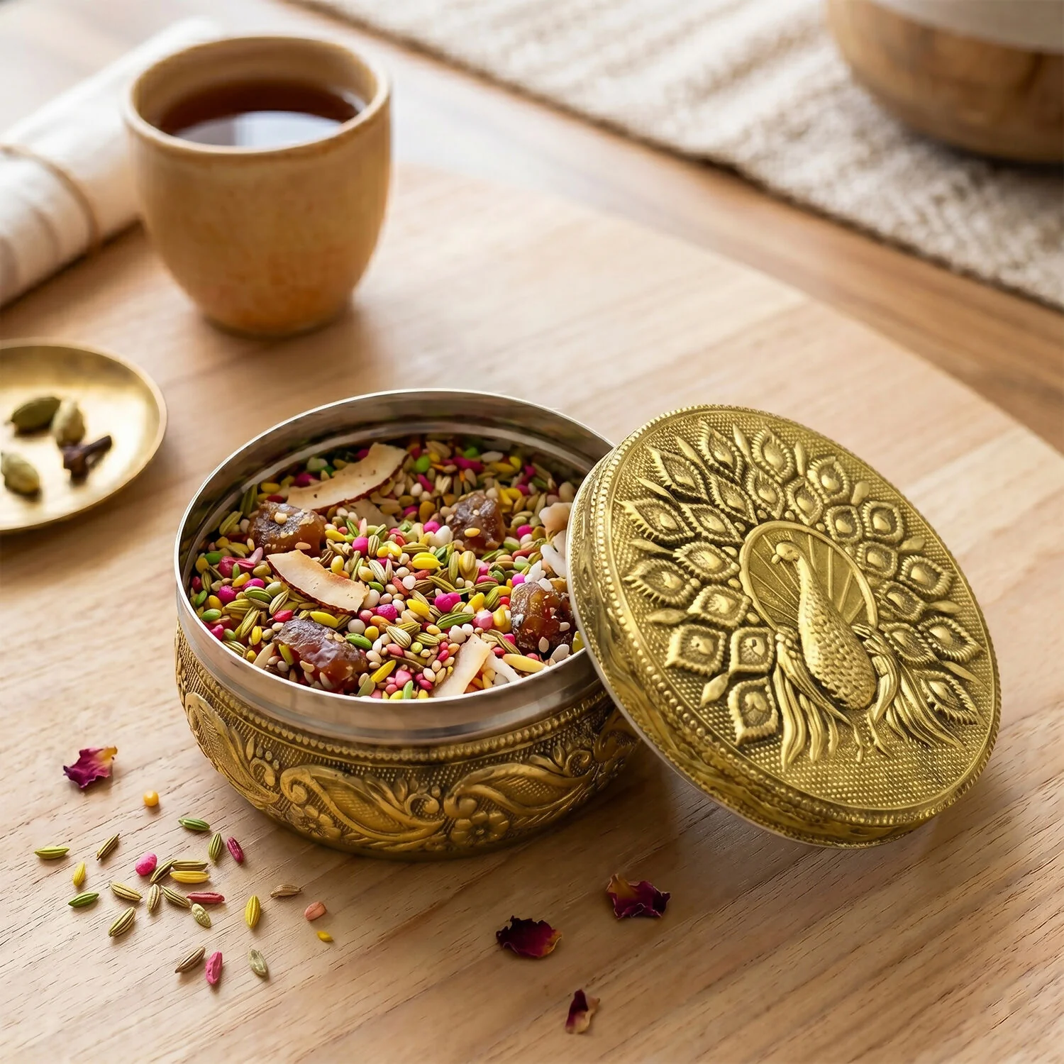 Traditional Handcrafted Stainless Steel Storage Box with Embossed Peacock Lid – Decorative Gift Container - Image 6
