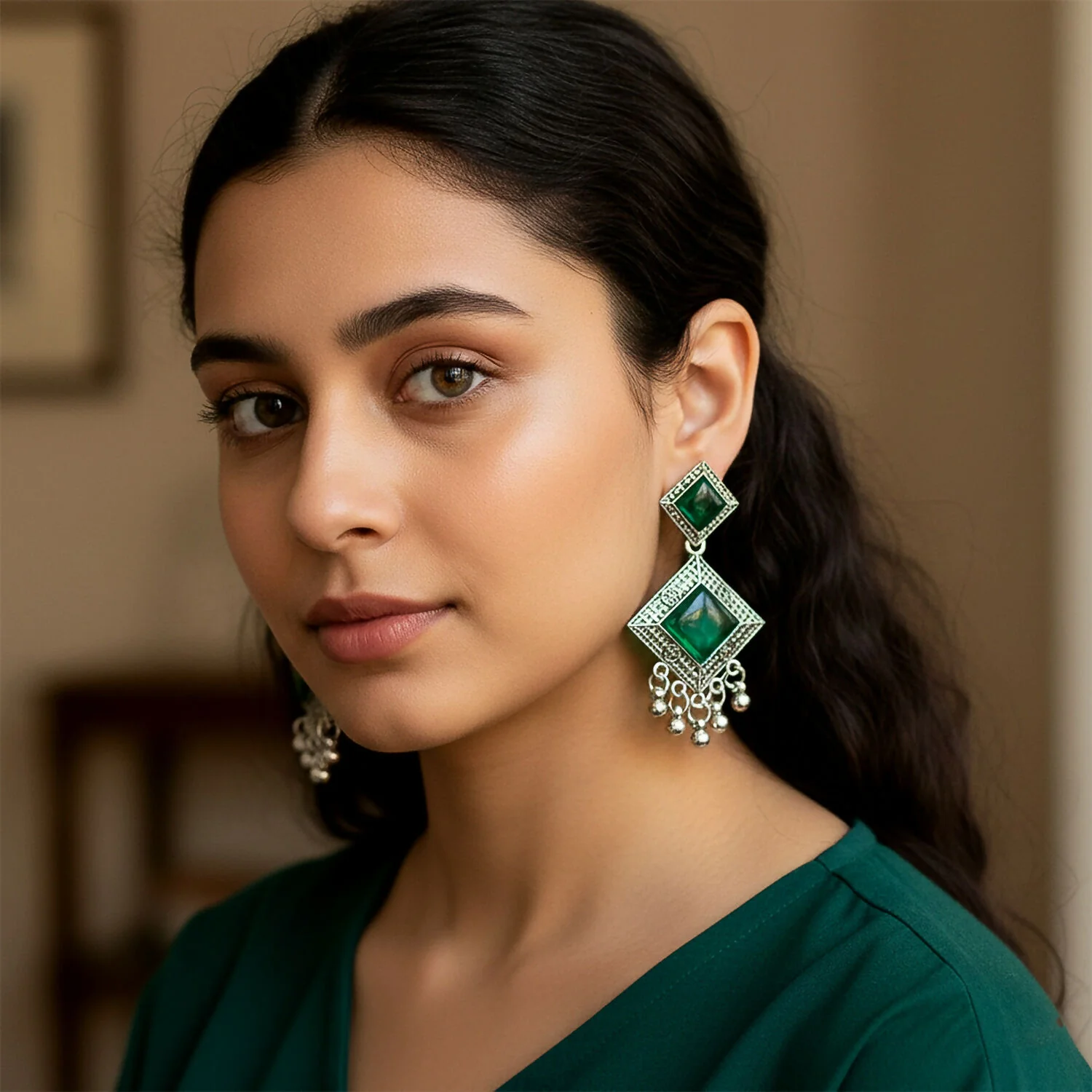 Traditional Indian Oxidised Dangler Earrings with Square Green Monalisa Stones - Image 2